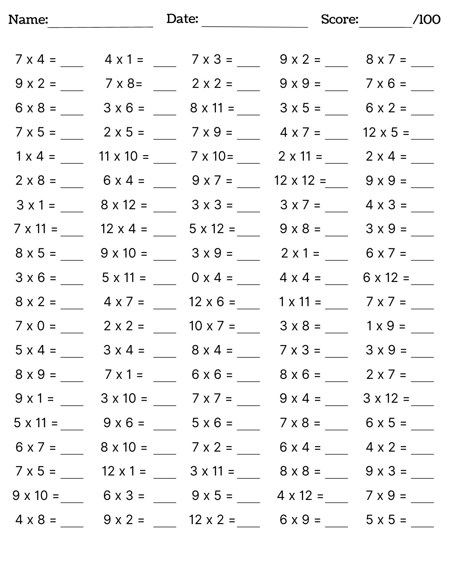 10 Printable Multiplication Worksheets Fill In The Blanks Single Digit Multiplication numbers 1 12 Maths Drills Answers Included Etsy UK