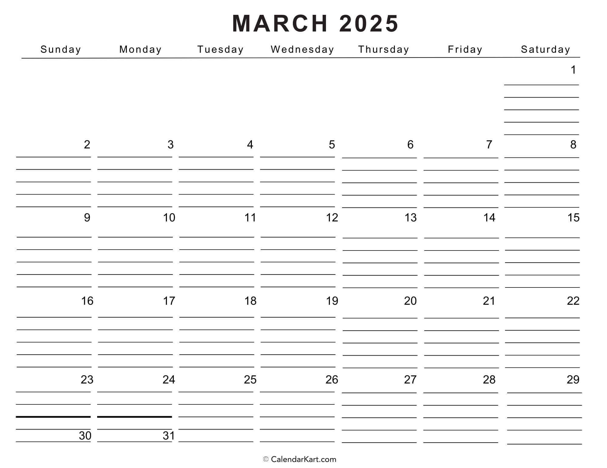 Download Free Printable March 2025 Calendar Calendarkart