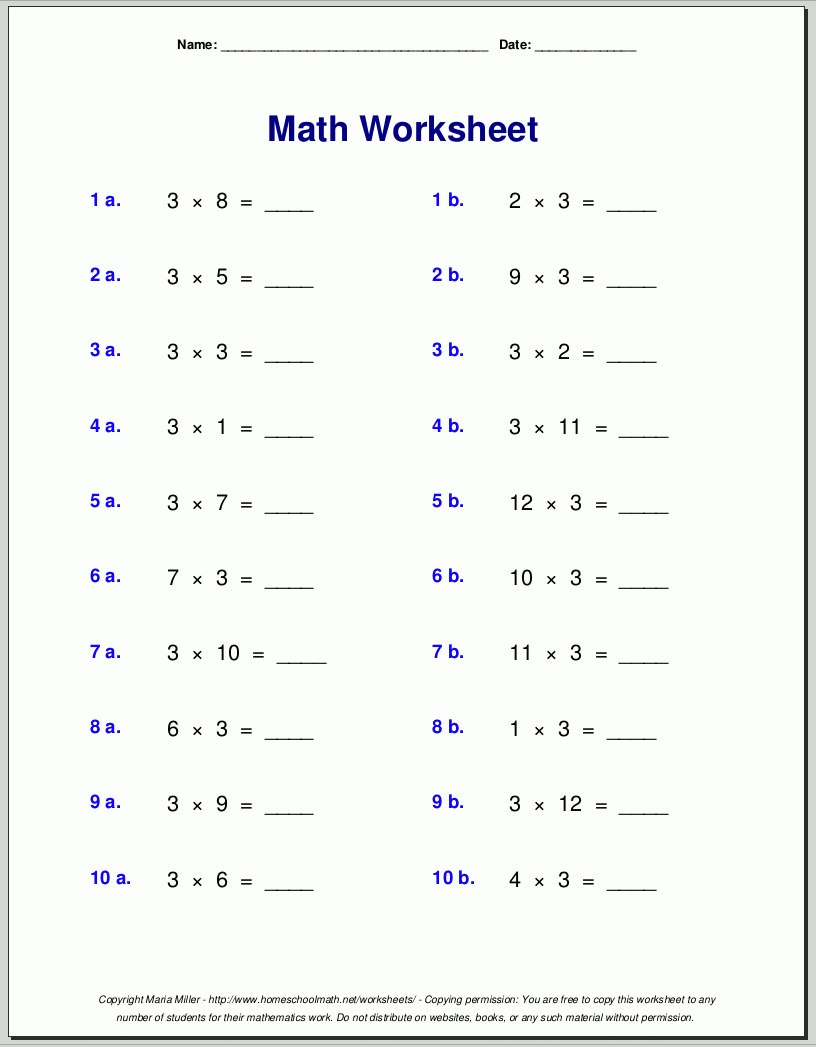 Free Printable Multiplication Worksheets