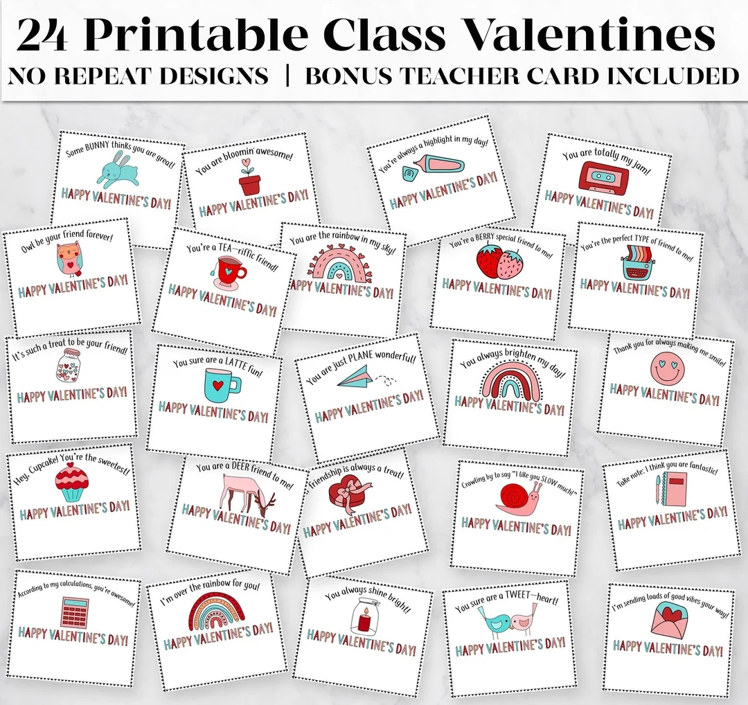 24 Printable Classroom Valentines Bonus Printable Teacher Valentine Card Class Valentines Printable Valentines Digital Downloads Etsy
