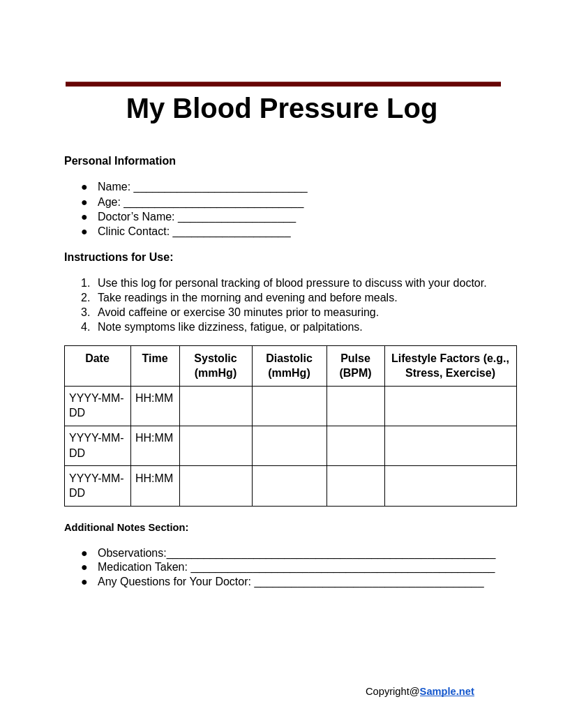 Blood Pressure Log Free Printable Weekly