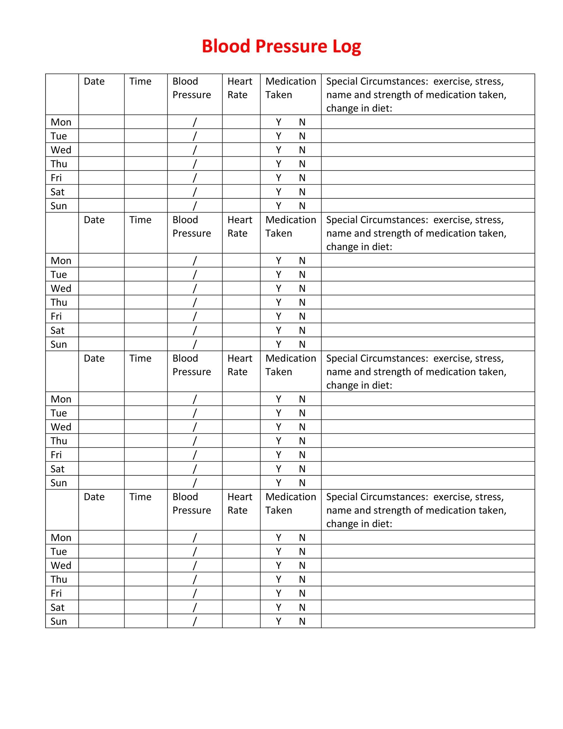 Blood Pressure Log Free Printable Template