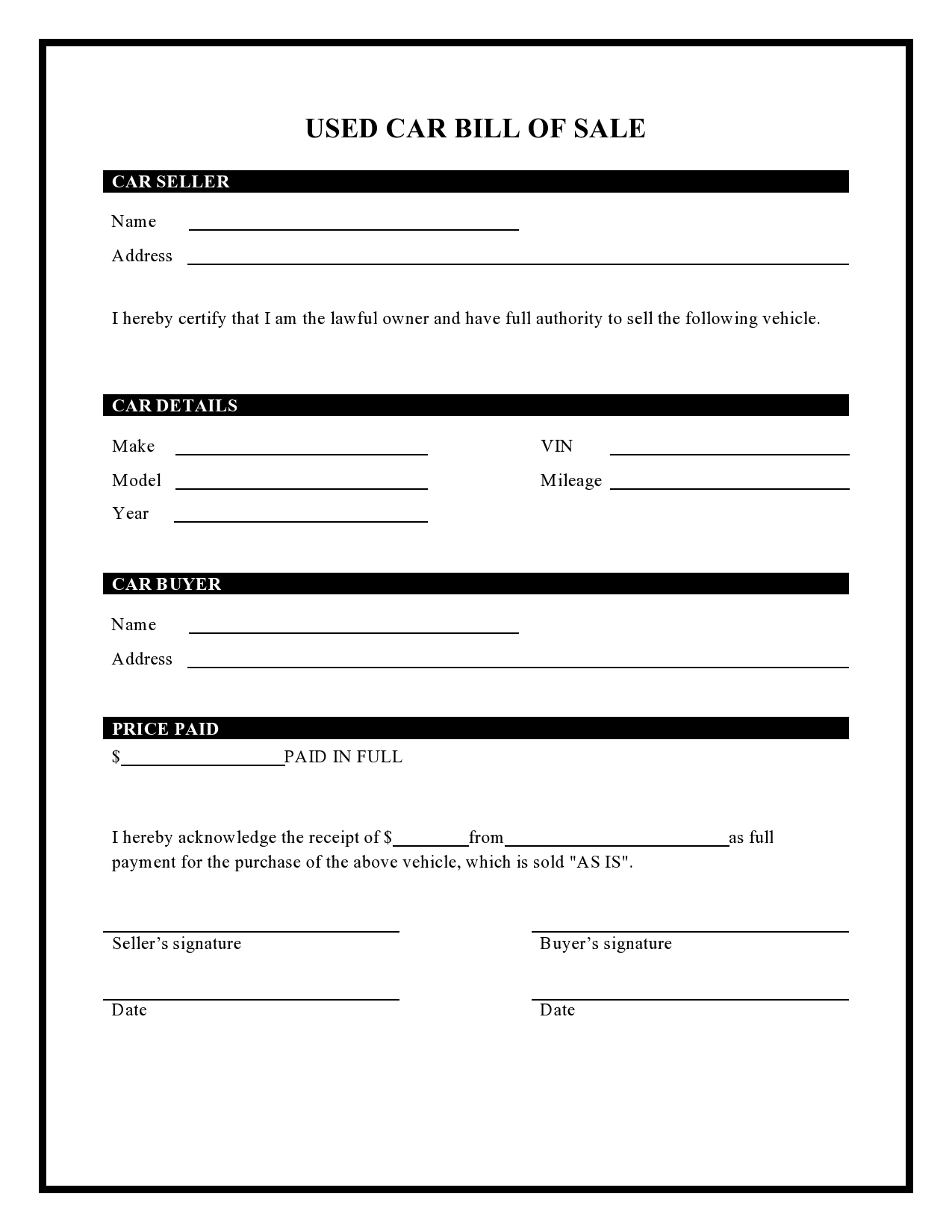 40 Printable Bill Of Sale For A Car Samples Word PDF 