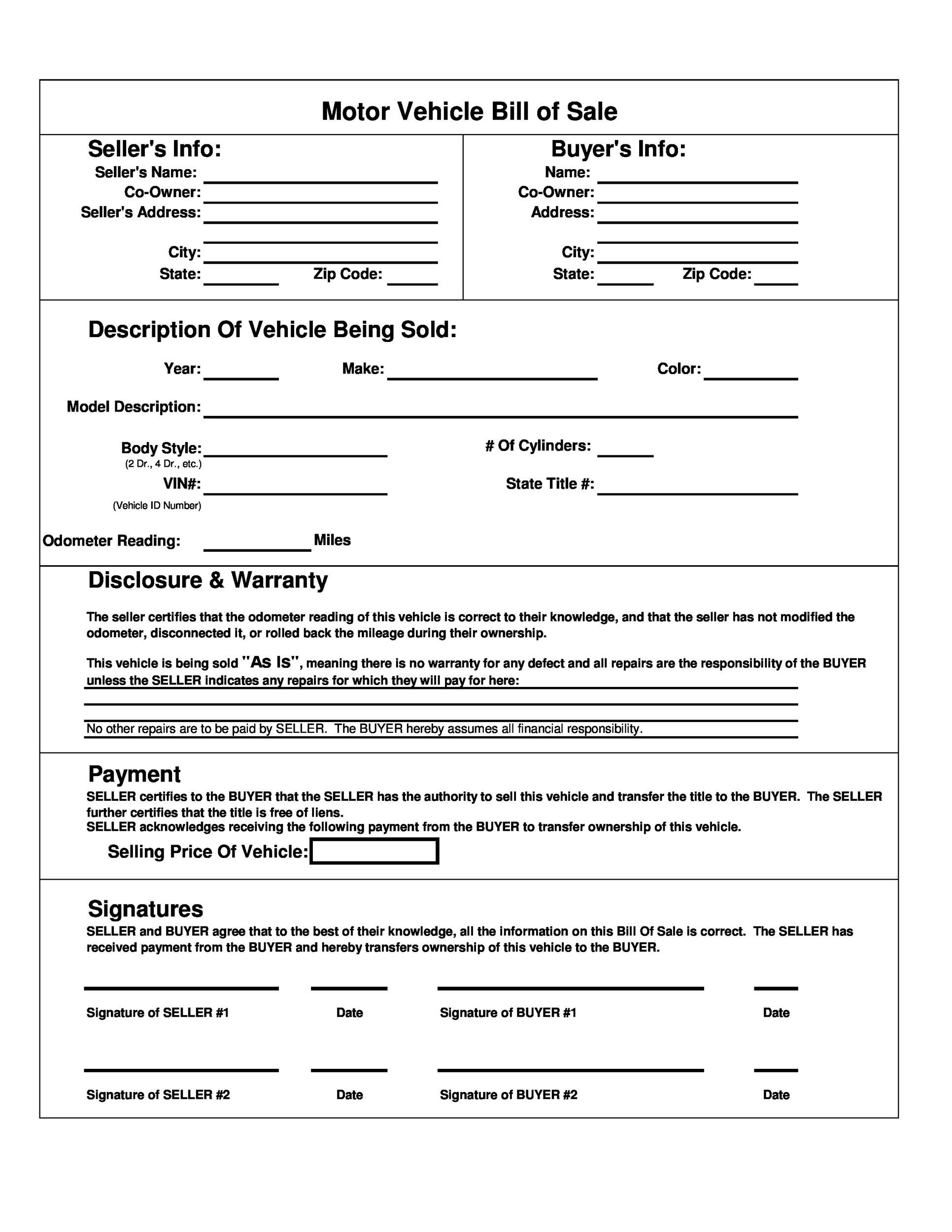Free Printable Bill Of Sale For Automobile
