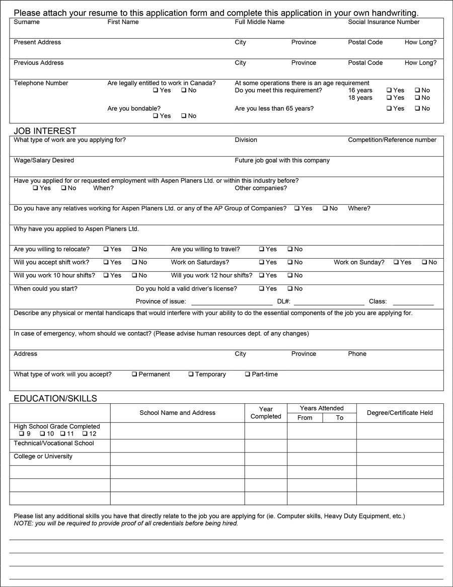 Blank Job Application Printable Free