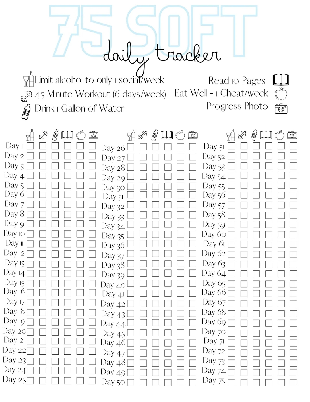 75 Day Soft Challenge Tracker Free Printable