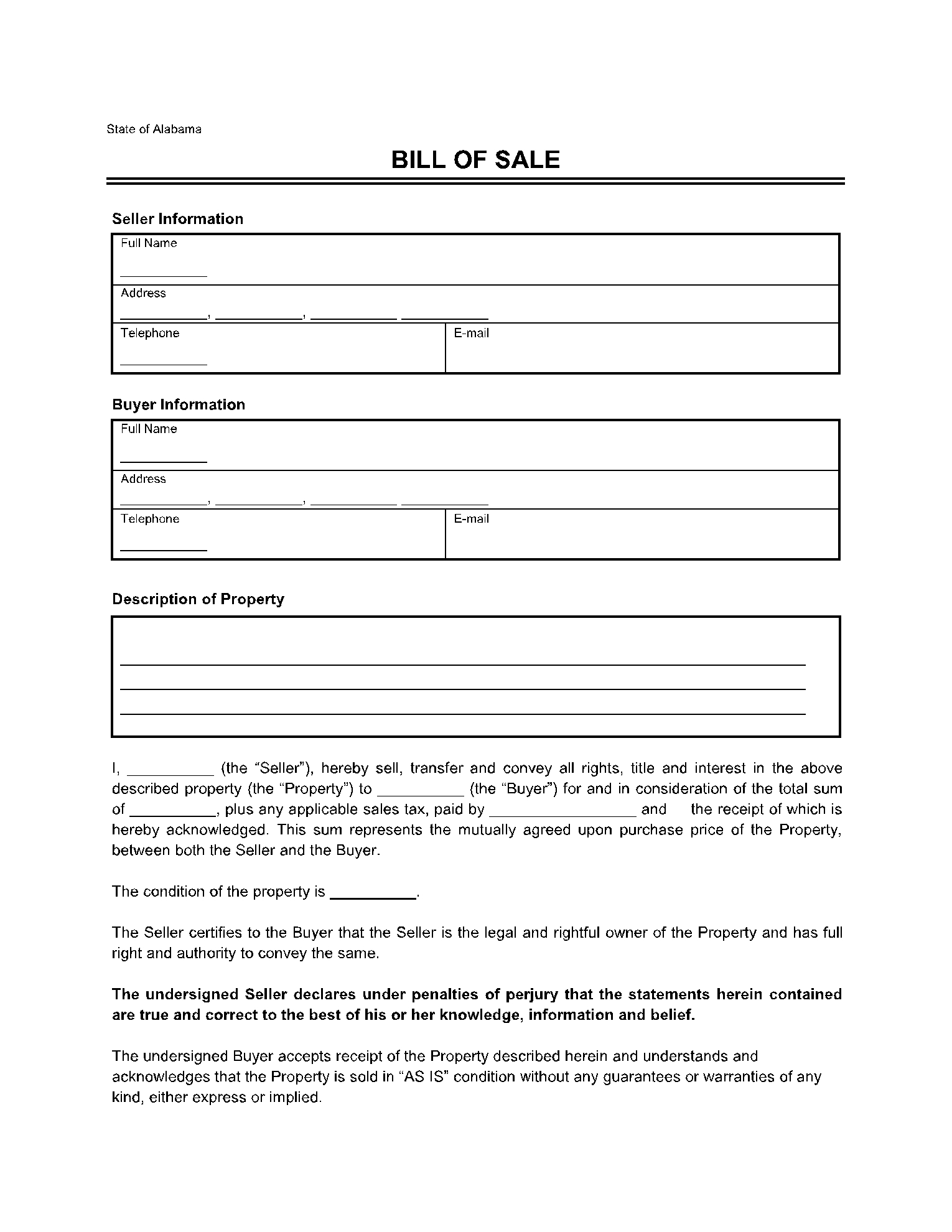 Alabama Bill Of Sale Template Free Download CocoSign