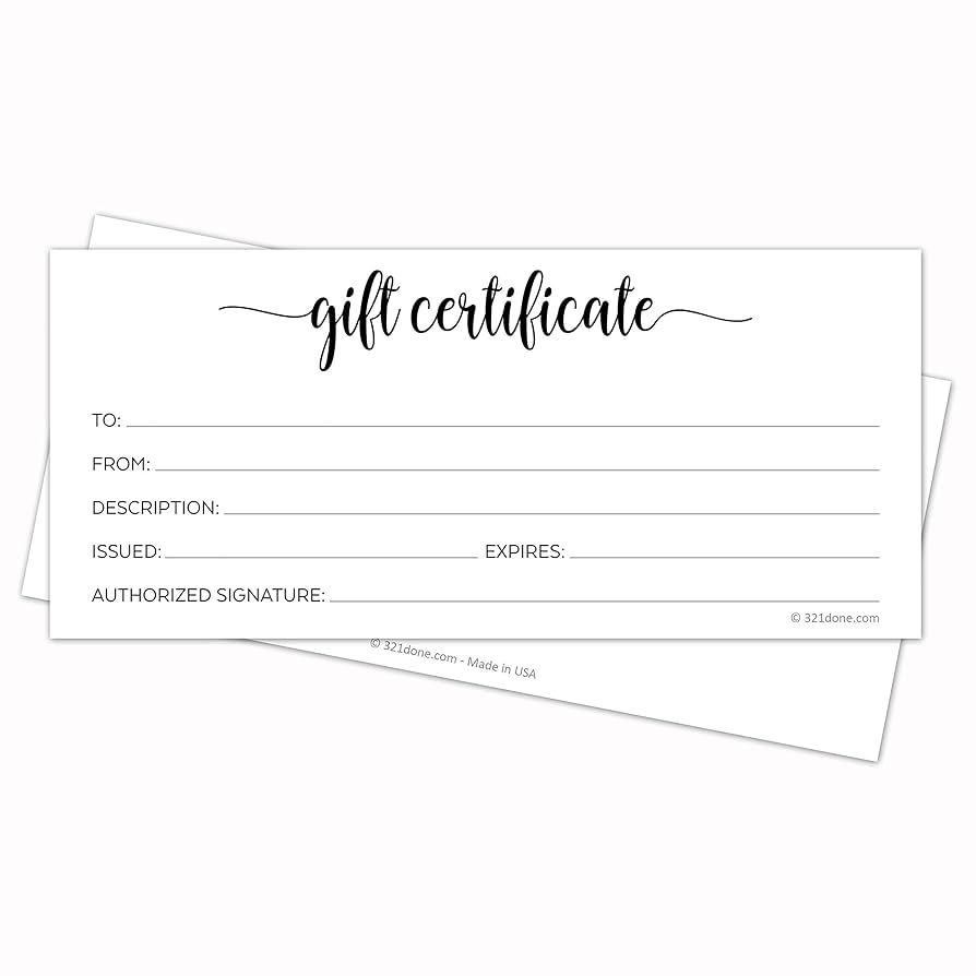 Amazon 321Done Simple White Blank Gift Certificates Pack Of 24 4x9 Inches For Small Business Holiday Christmas Voucher Spa Salon Minimalist Script Made In USA Office Products