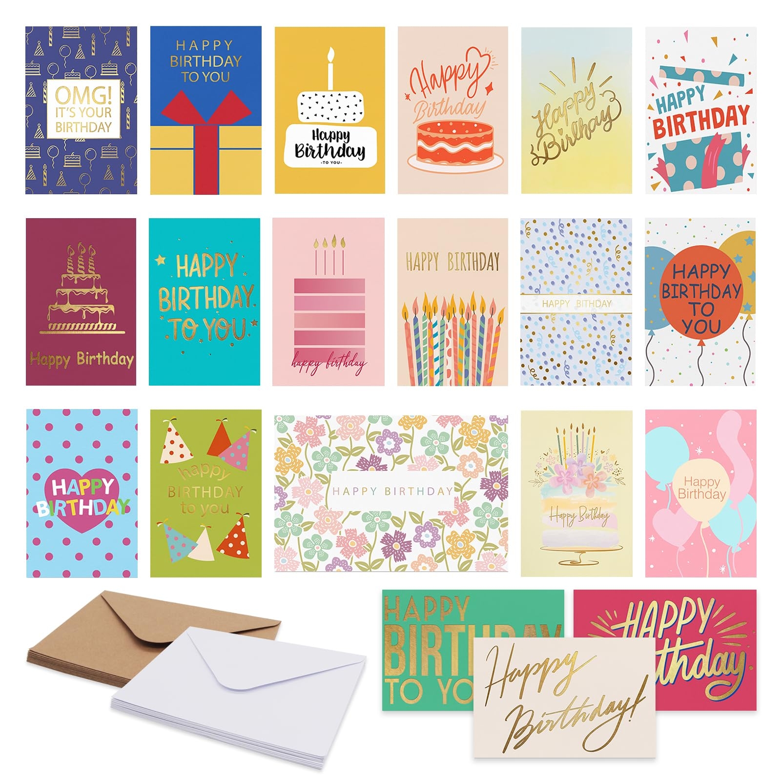 Amazon Cofullsky Birthday Cards Pack Of 20 Birthday Cards Bulk For Women Men Kids Gold Foil Assorted Happy Birthday Greeting Cards With Envelopes Blank Inside 4x6 Inches Unique Office Products