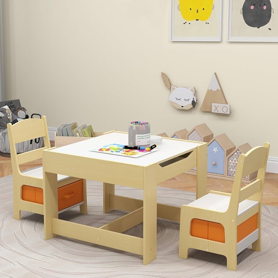 Amazon Costzon Kids Table And Chair Set 3 In 1 Wooden Activity Table For Toddlers Arts Crafts Drawing Reading Playroom Toddler W 2 In 1 Tabletop Storage Space Gift For Boy 