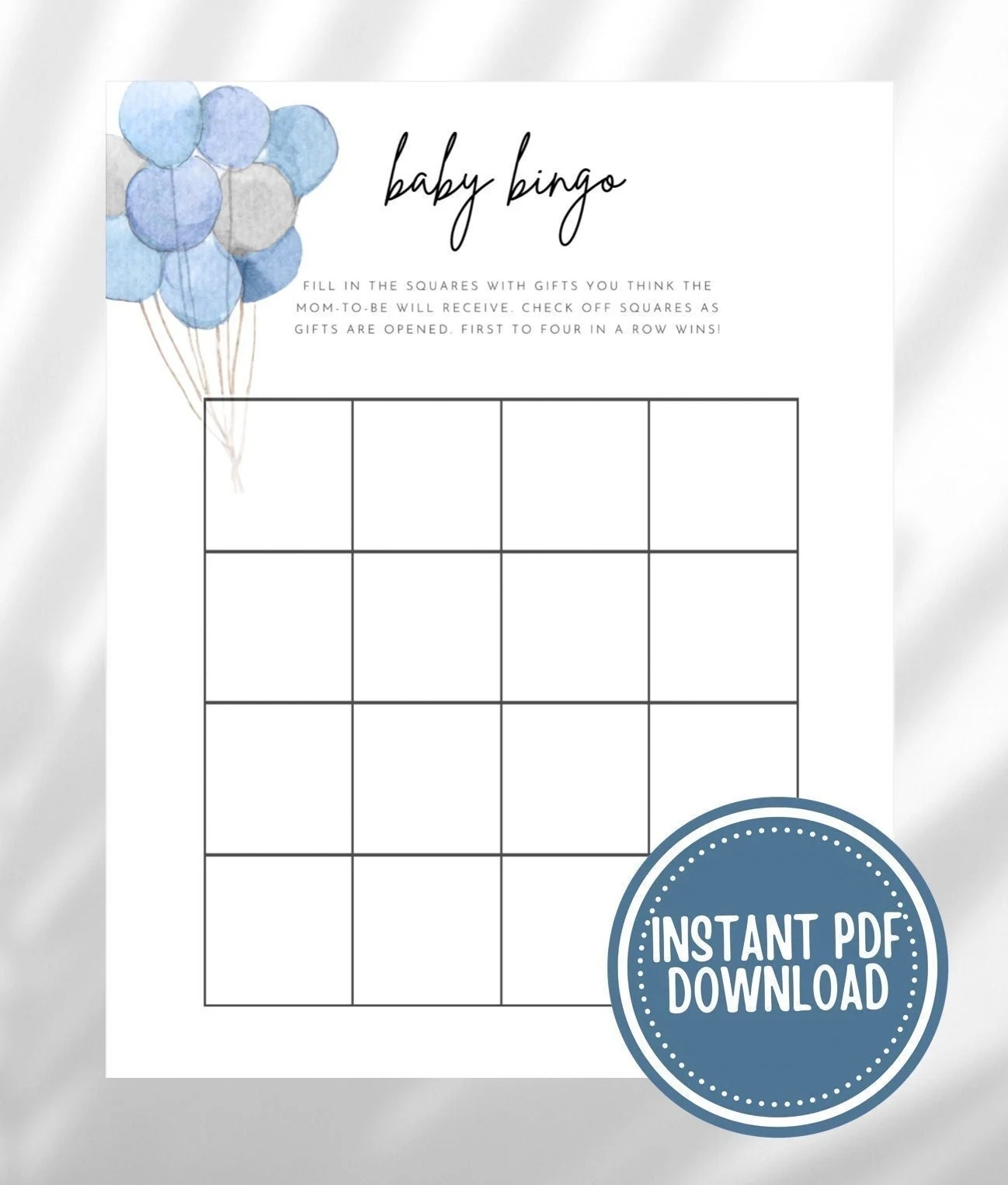 Baby Shower Bingo Game 4x4 Blank Baby Bingo Card Baby Shower Game Printable Bingo Blue Balloons Etsy