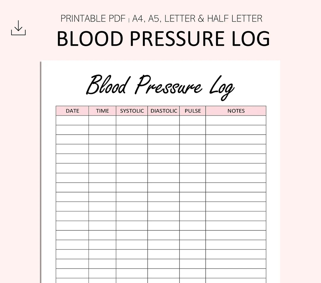 Blood Pressure Log Printable High Blood Pressure Tracker Hypotension Hypertension Heart Rate PDF A4 A5 Letter Half Letter Etsy