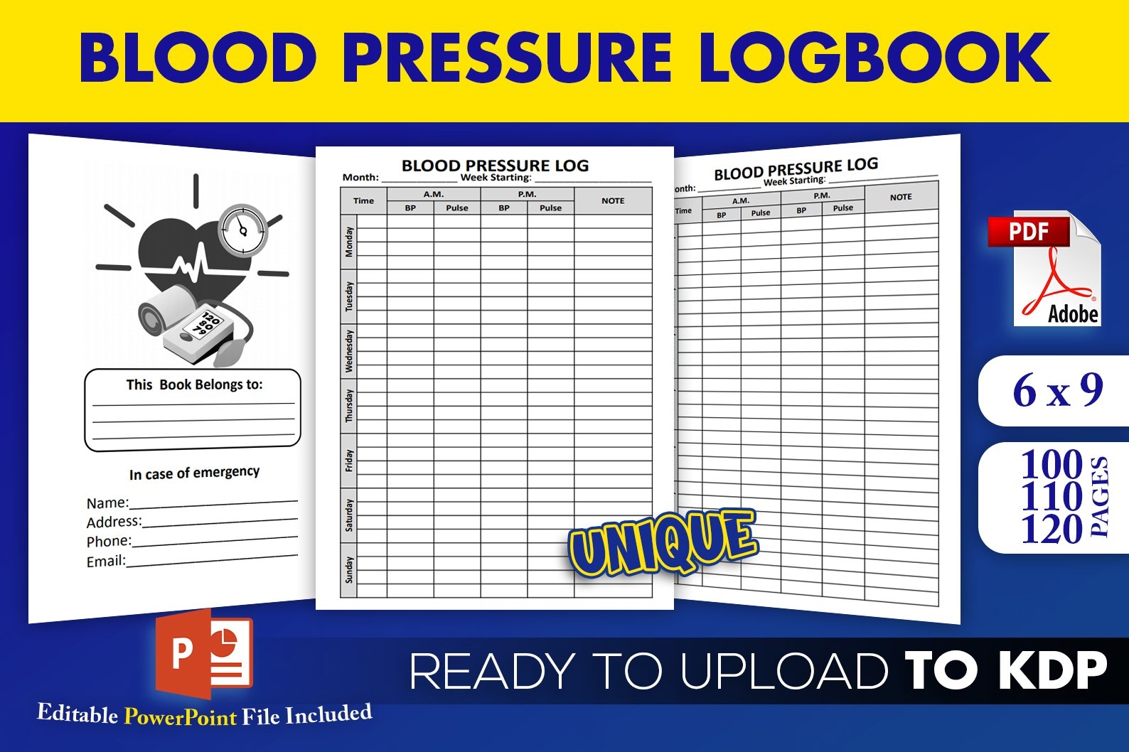 Blood Pressure Logbook Tracker KDP Interior Pptx Template