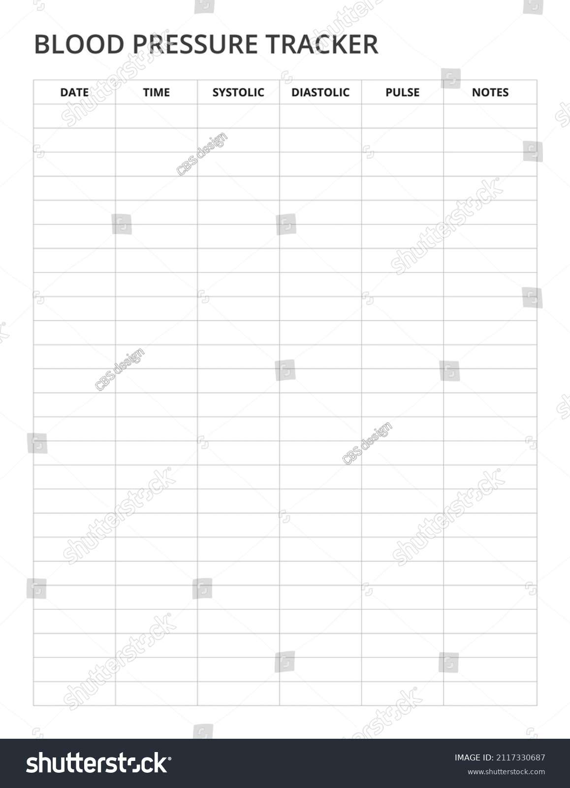 Blood Pressure Tracker Template Printable Stock Vector Royalty Free 2117330687 Shutterstock