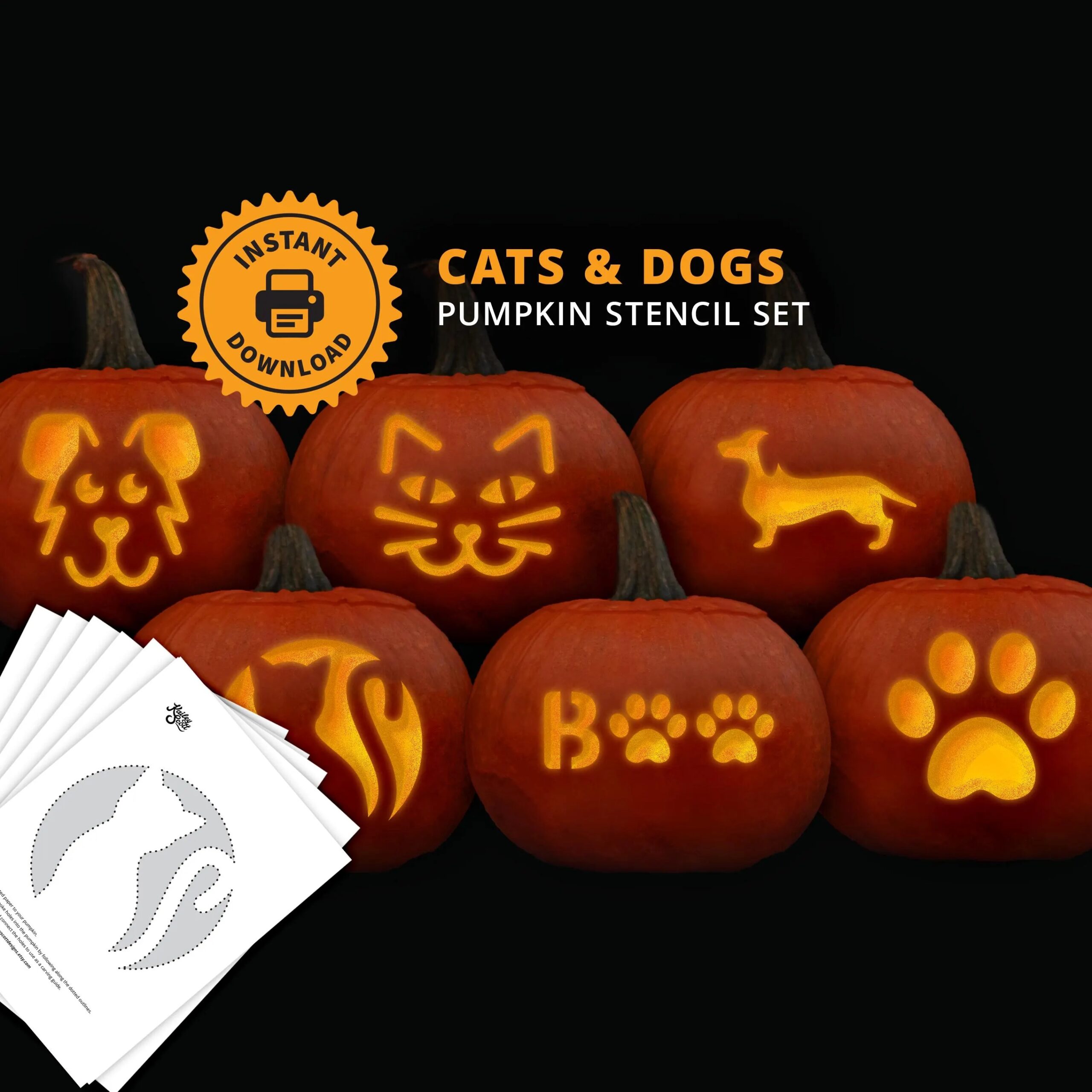 Cats And Dogs PRINTABLE Pumpkin Carving Stencil Set Animal Lover 