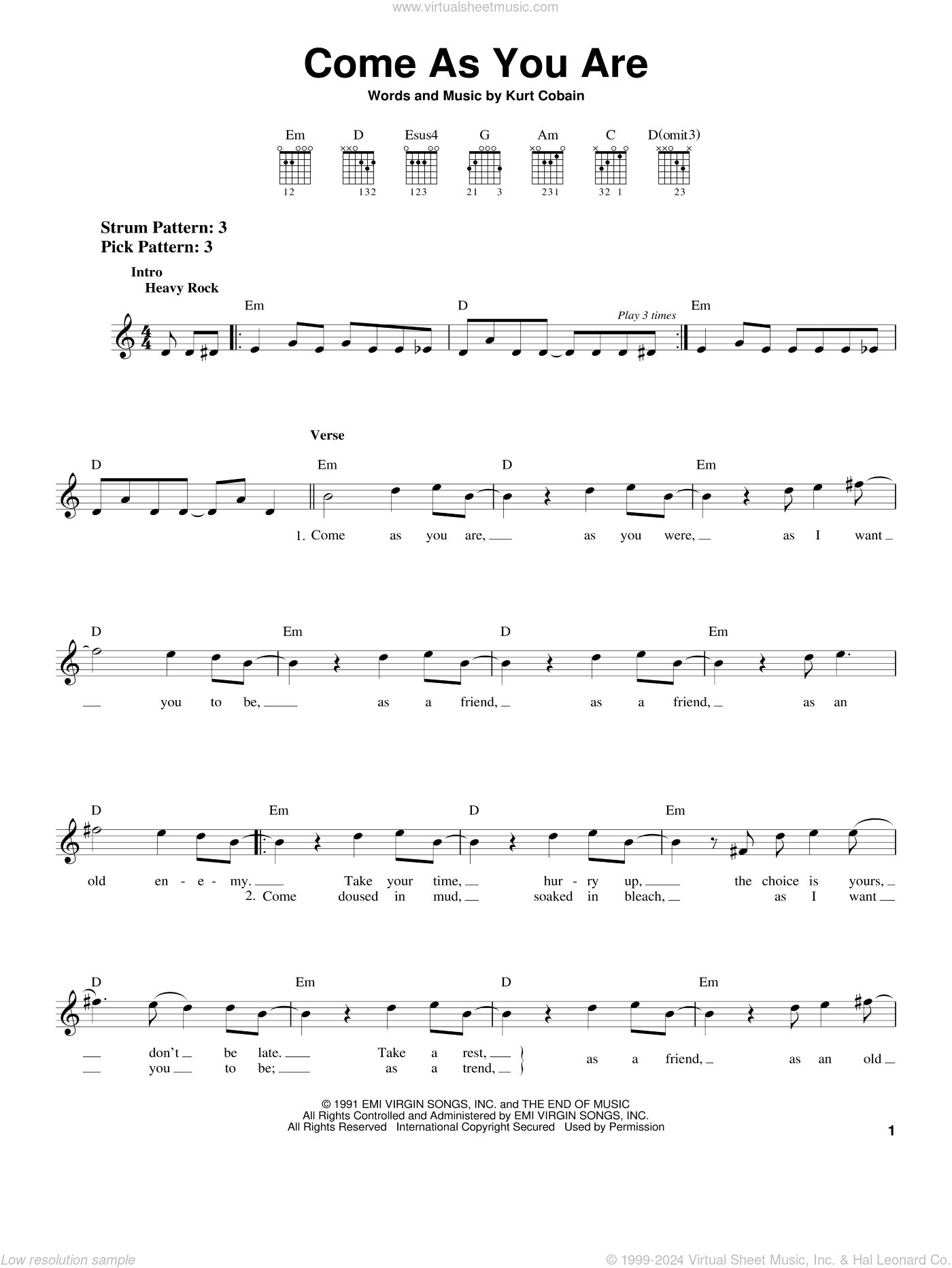 Come As You Are Sheet Music easy For Guitar Solo chords PDF 