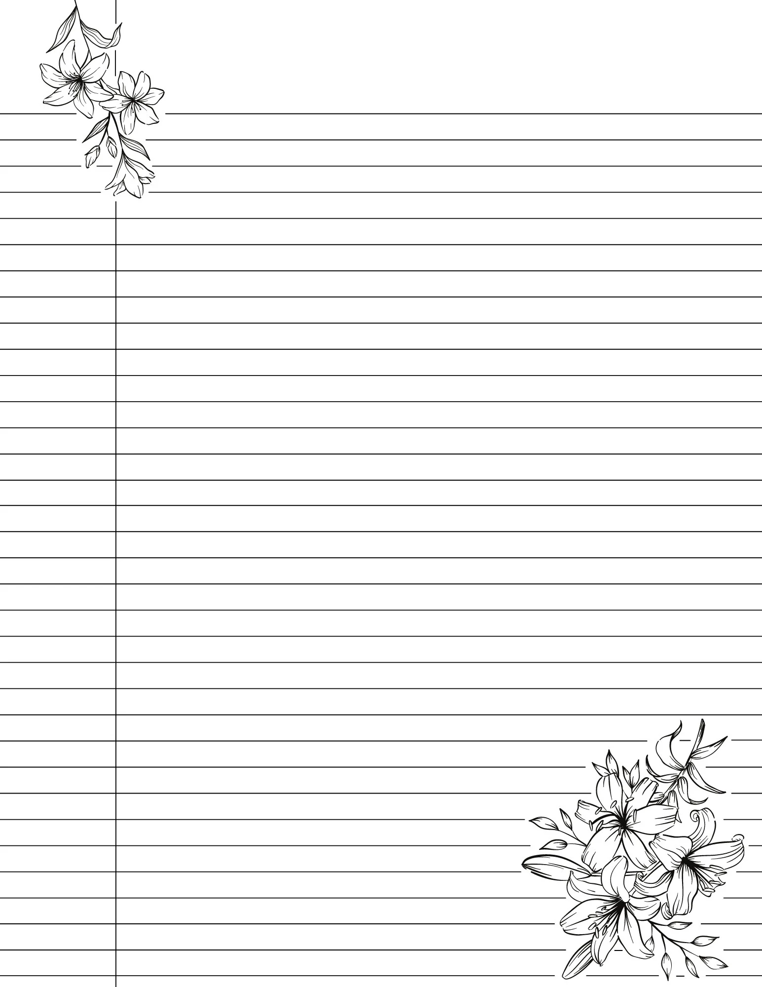 Cute Printable College Ruled Lined Notebook Paper With Margins Floral Lily Flower Design Double Sided Black White Easy Download Etsy