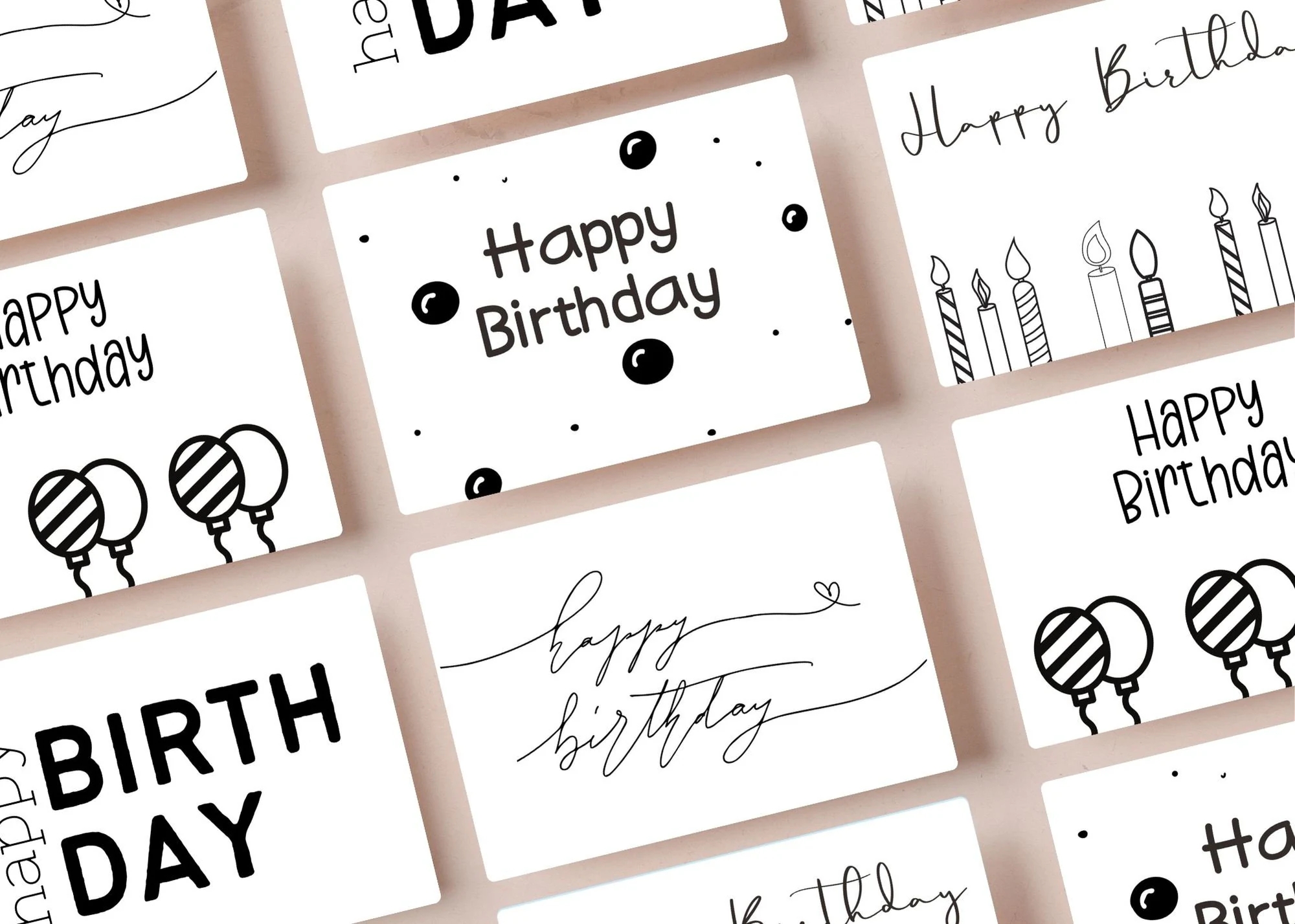 Digital Download Happy Birthday Cards Printable Birthday Card Black And White Birthday Card Pack Simple Birthday Card Minimalist Card Etsy