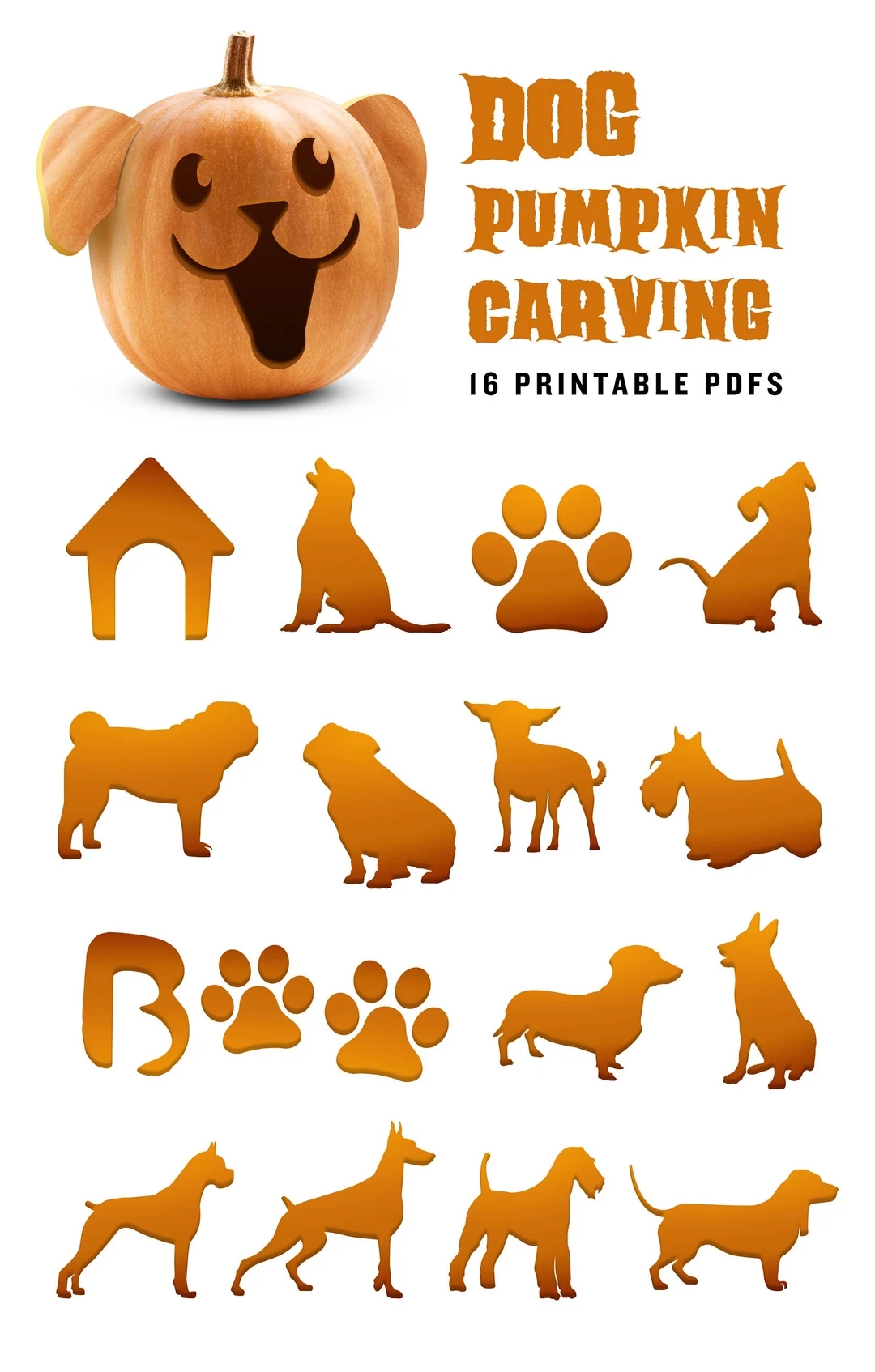 Dog Pumpkin Carving Stencil Including Doberman Pug Bulldog Airedale Dachshund Chihuahua And German Shepherd Jack O Lantern Patterns Etsy