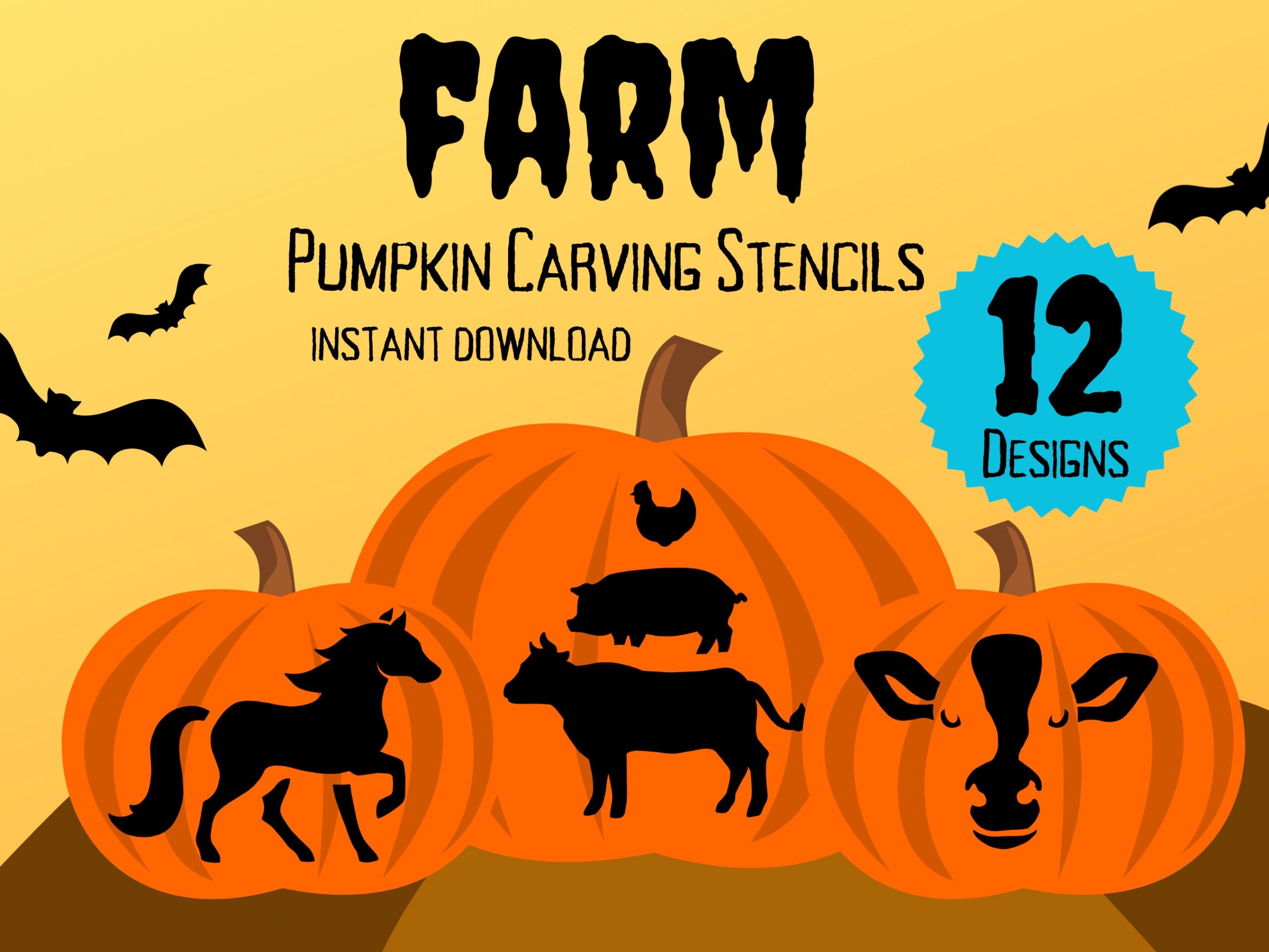 Farm Animal Pumpkin Carving Stencils 12 Unique Halloween Jack O lantern Carving Patterns Etsy