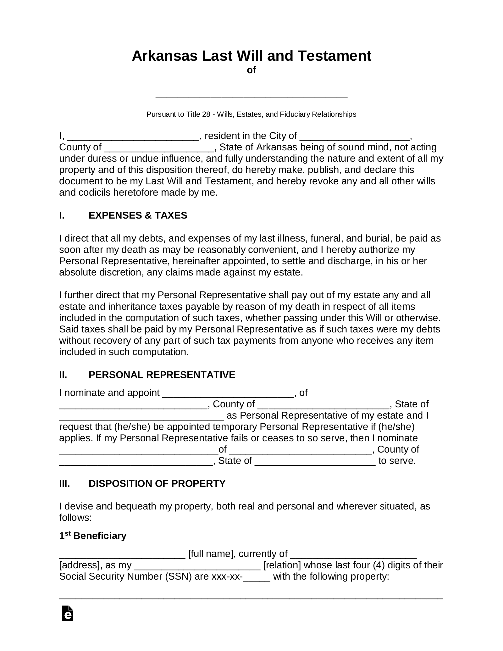 Free Arkansas Last Will And Testament Template PDF Word EForms
