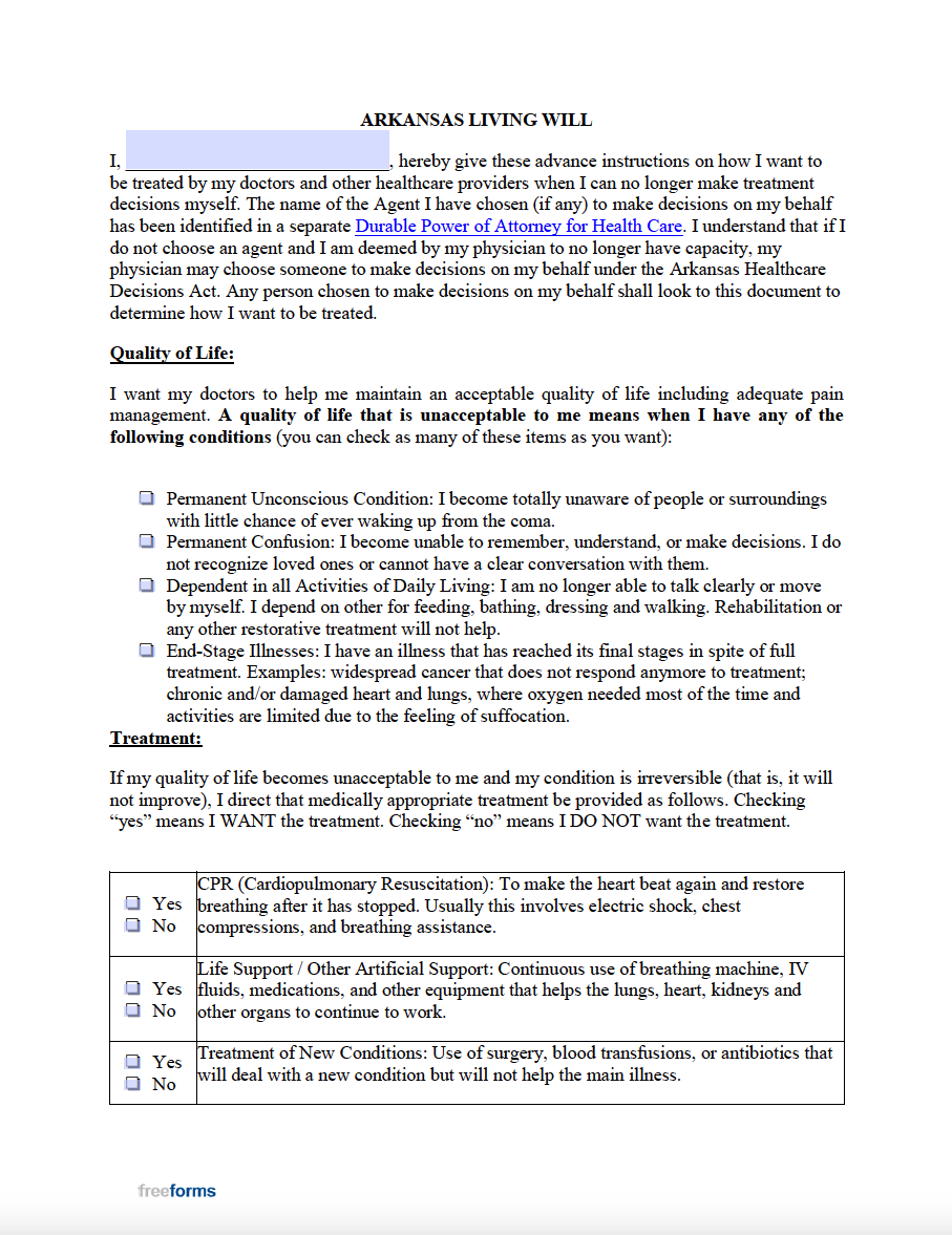 Free Arkansas Living Will Form PDF