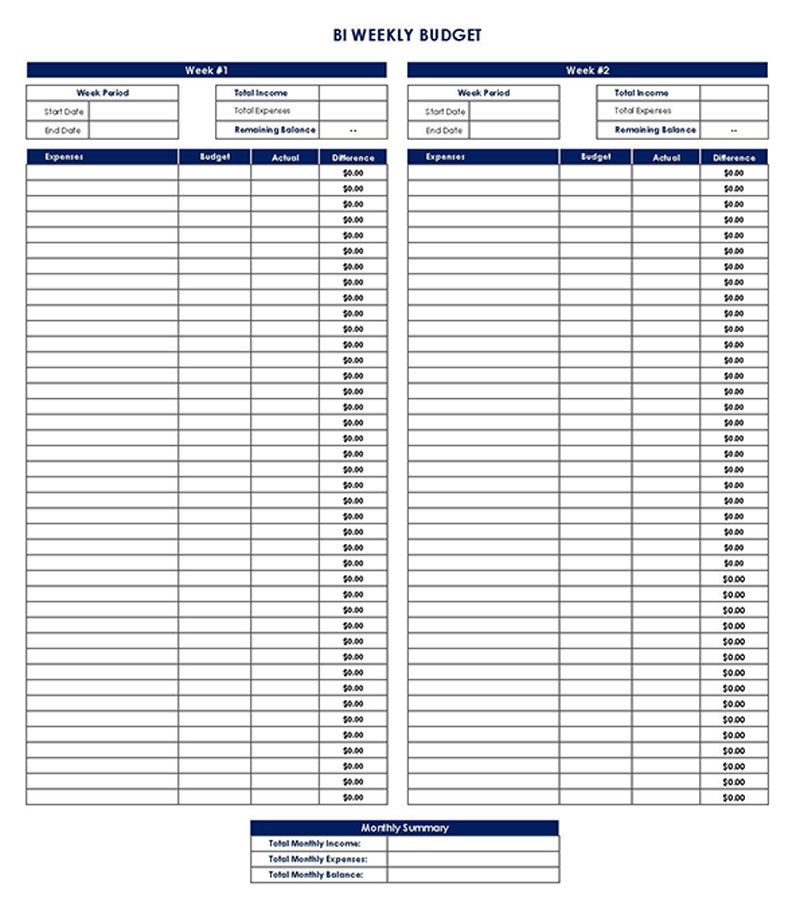 Free Bi weekly Budget Templates for Bi weekly Paychecks 