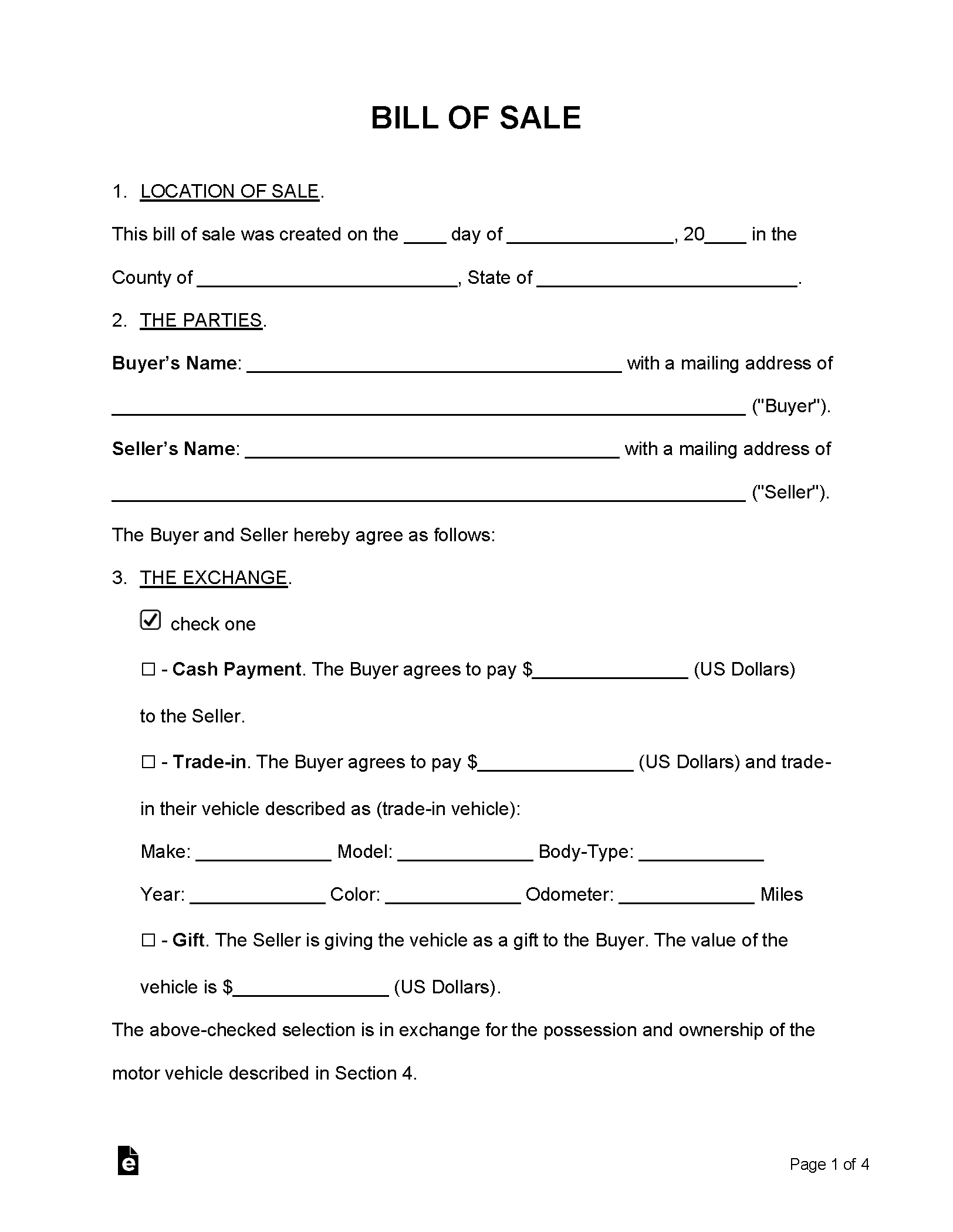 Blank Car Bill Of Sale Form Free Printable