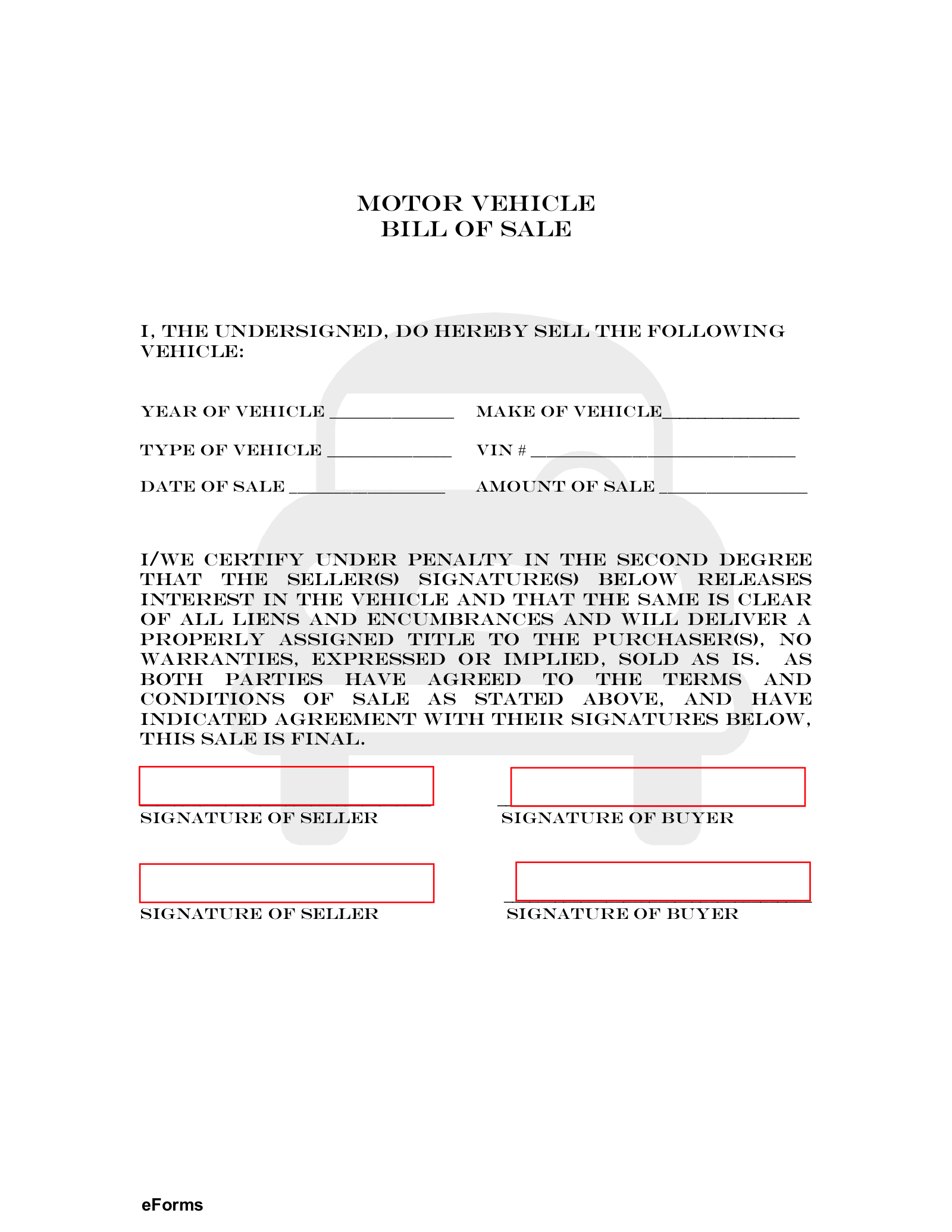 Free Bill Of Sale For Car Printable Form