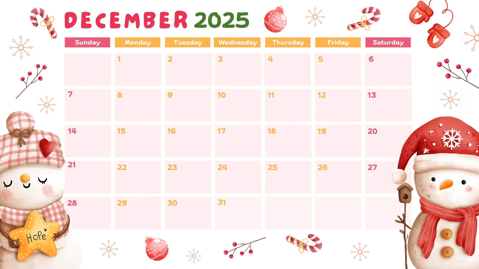 Free Printable Monthly Calendar December 2025