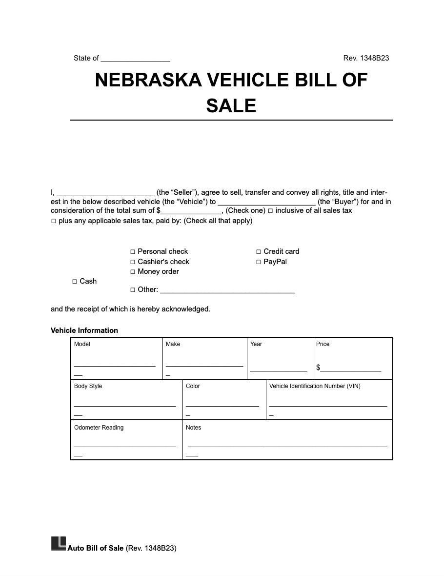 Free Nebraska Motor Vehicle Bill Of Sale Form PDF Word