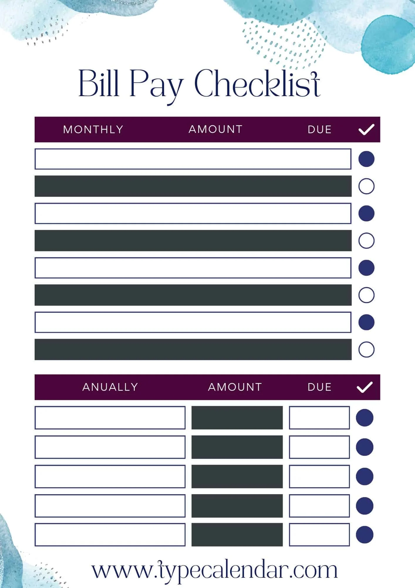Blank Free Printable Monthly Bill Payment Log