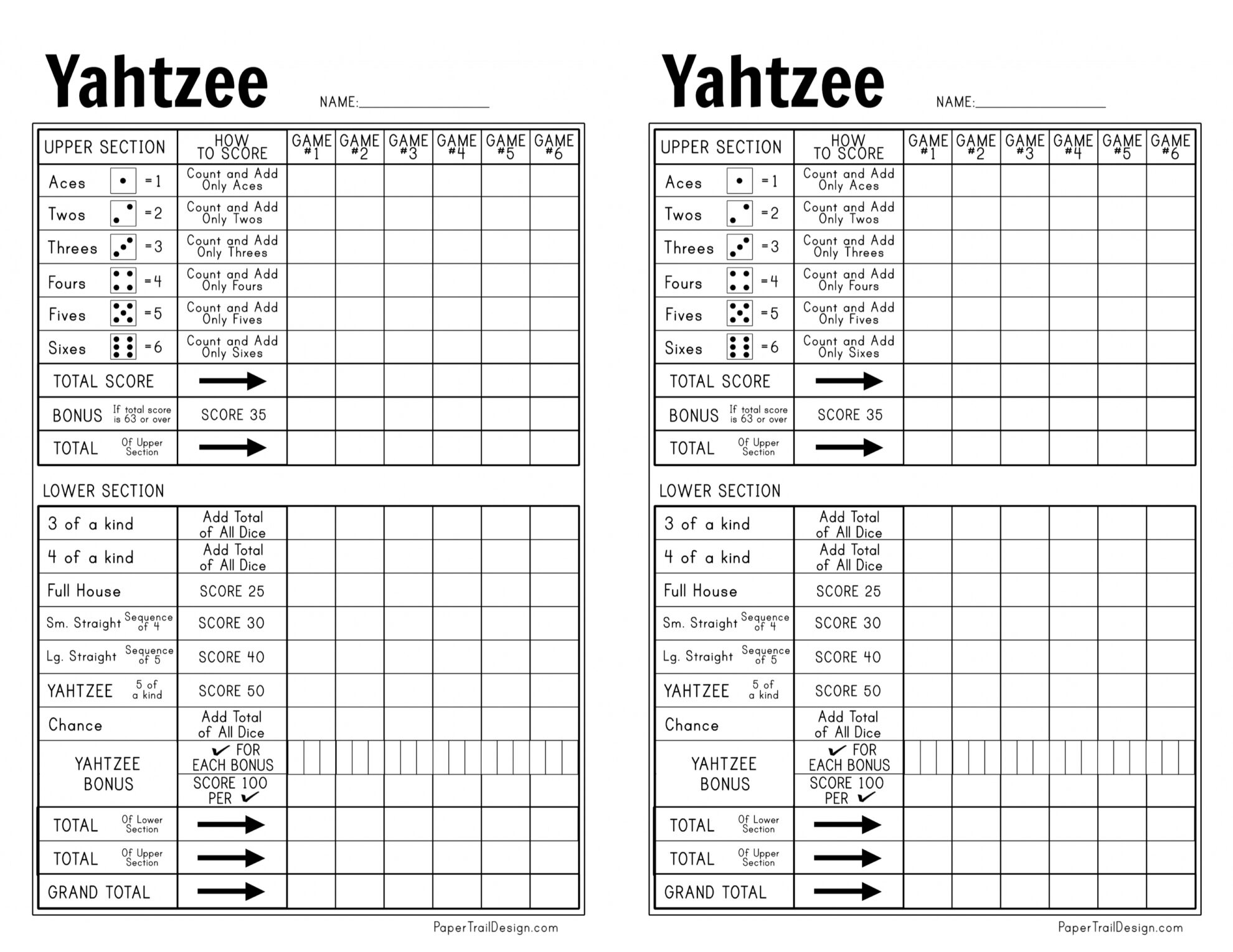 Free Printable Yahtzee Score Card Paper Trail Design