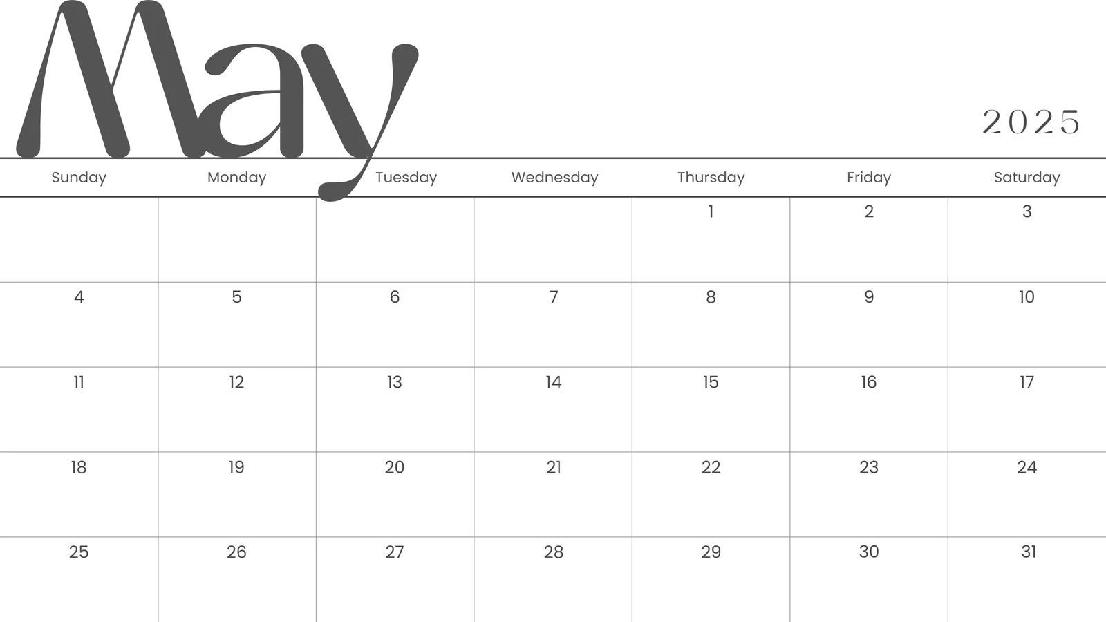 Free Printable May 2025 Calendar