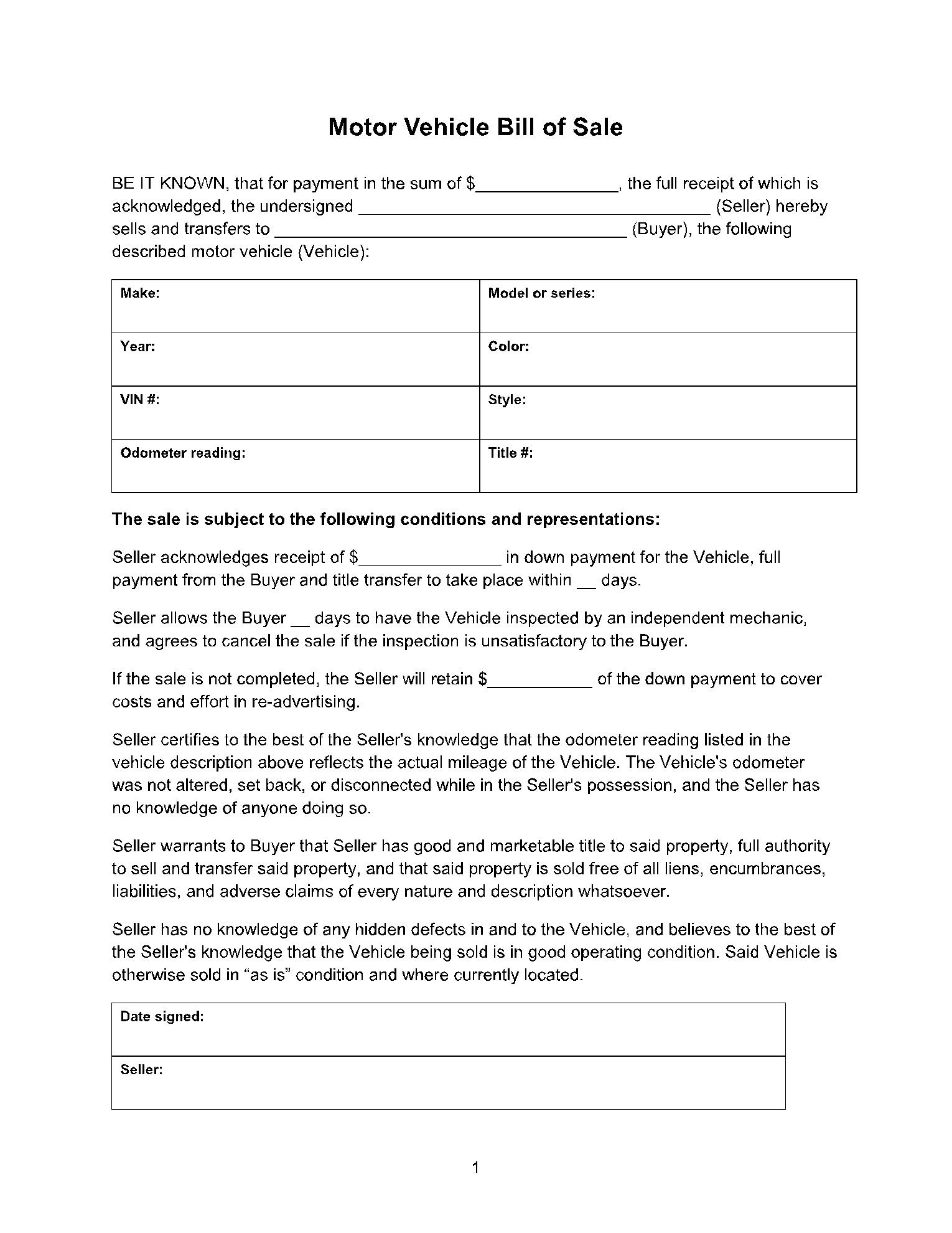 Free Printable Vehicle Bill Of Sale