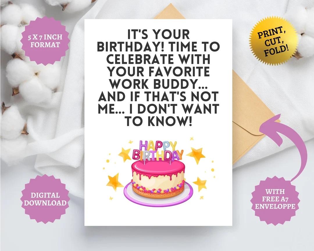 Funny Coworker Happy Birthday Card Favorite Colleague Gift Boss Co worker Present Personalized Instant Printable Download Free A7 Envelope Etsy