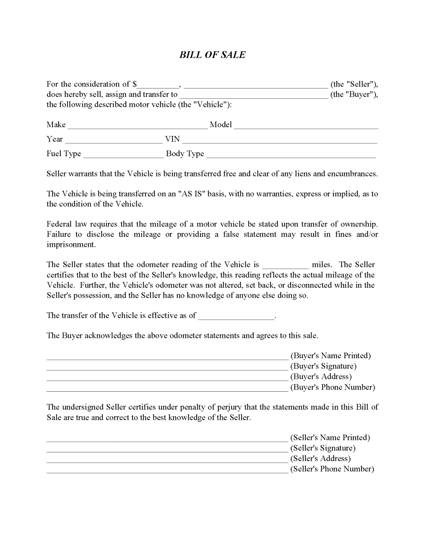 Free Printable Bill Of Sale For Car