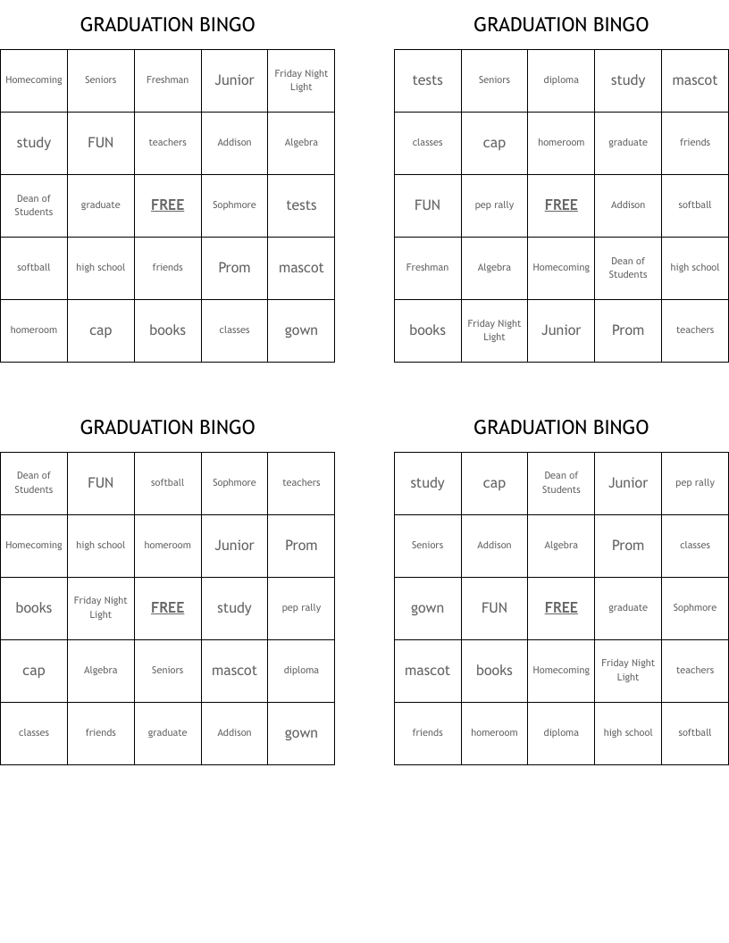 GRADUATION Bingo Cards WordMint