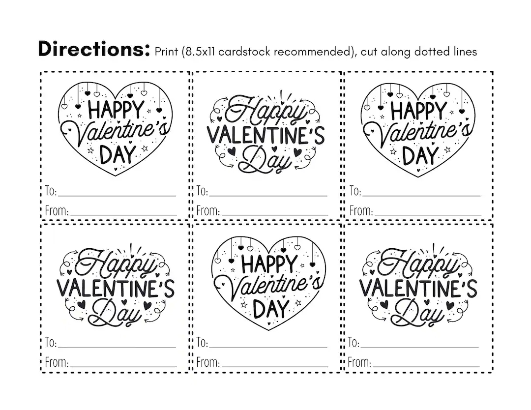 Happy Valentine s Day Printable Cards Black And White Etsy