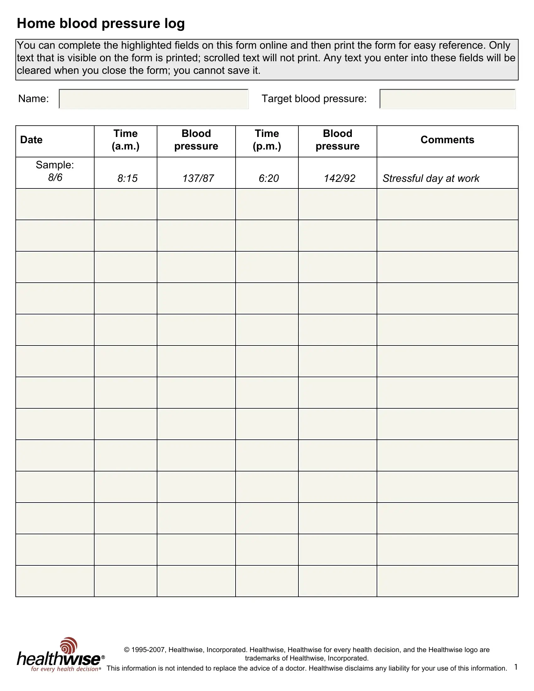 Blood Pressure Log Sheet Printable Free