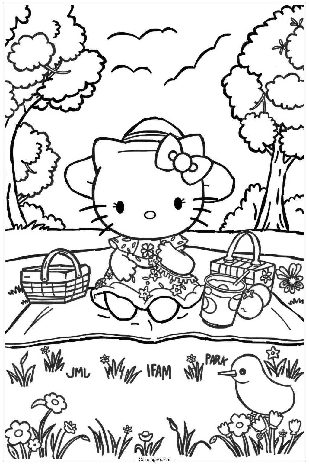 Hello Kitty Going On A Summer Picnic 2 Coloring Page Free PDFu0026PNG Printable 