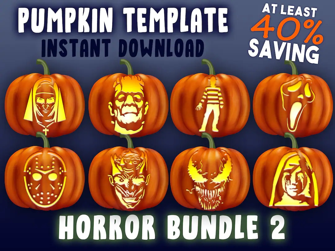 HORROR BUNDLE 2 Pumpkin Carving Stencil Halloween Template A4 Jack O Lantern Pattern The Nun Freddy Ghostface Venom Jason Night King AHS Etsy