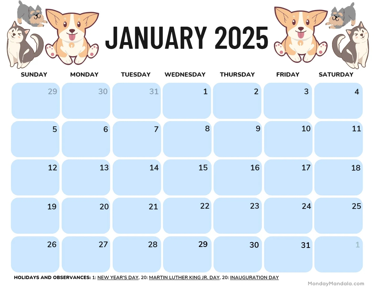 Free Printable Printable January 2025 Calendar