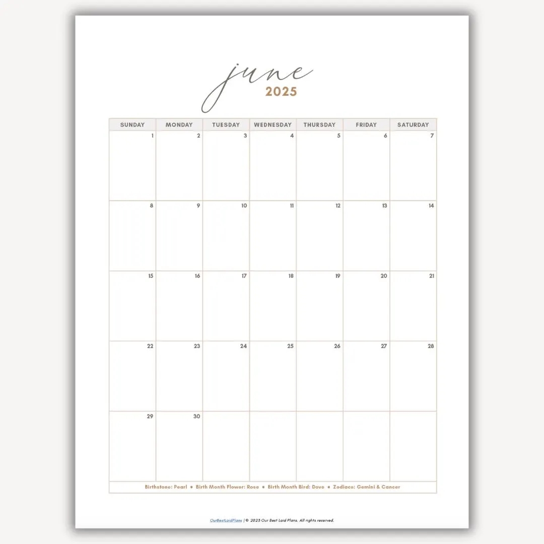 June 2025 Calendar Printable Download June 2025 Printable PDF June Calendar 2025 Portrait Blank Minimalist Wall Calendar June Month 2025 Etsy