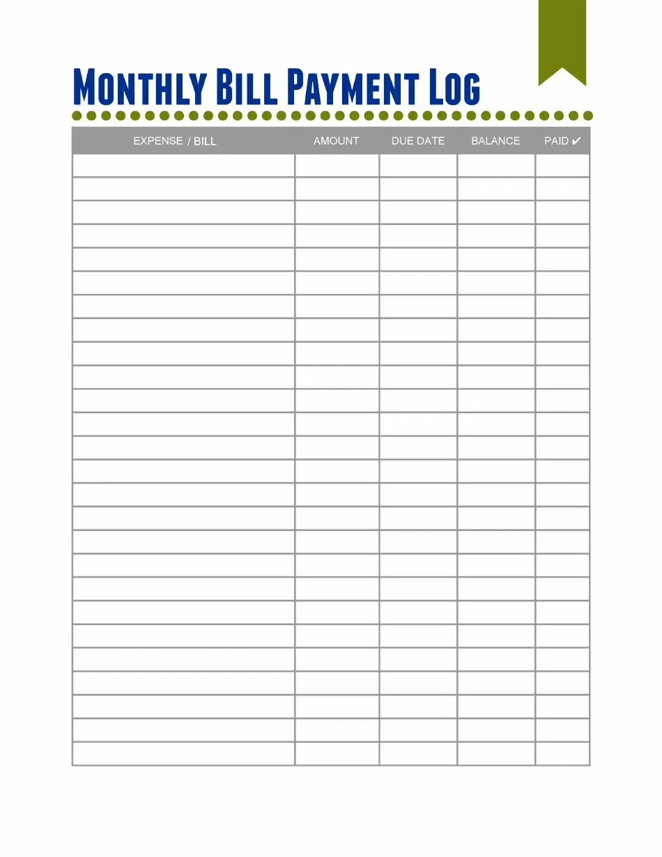 Monthly Bill Payment Log Template Blue Download Printable PDF Templateroller