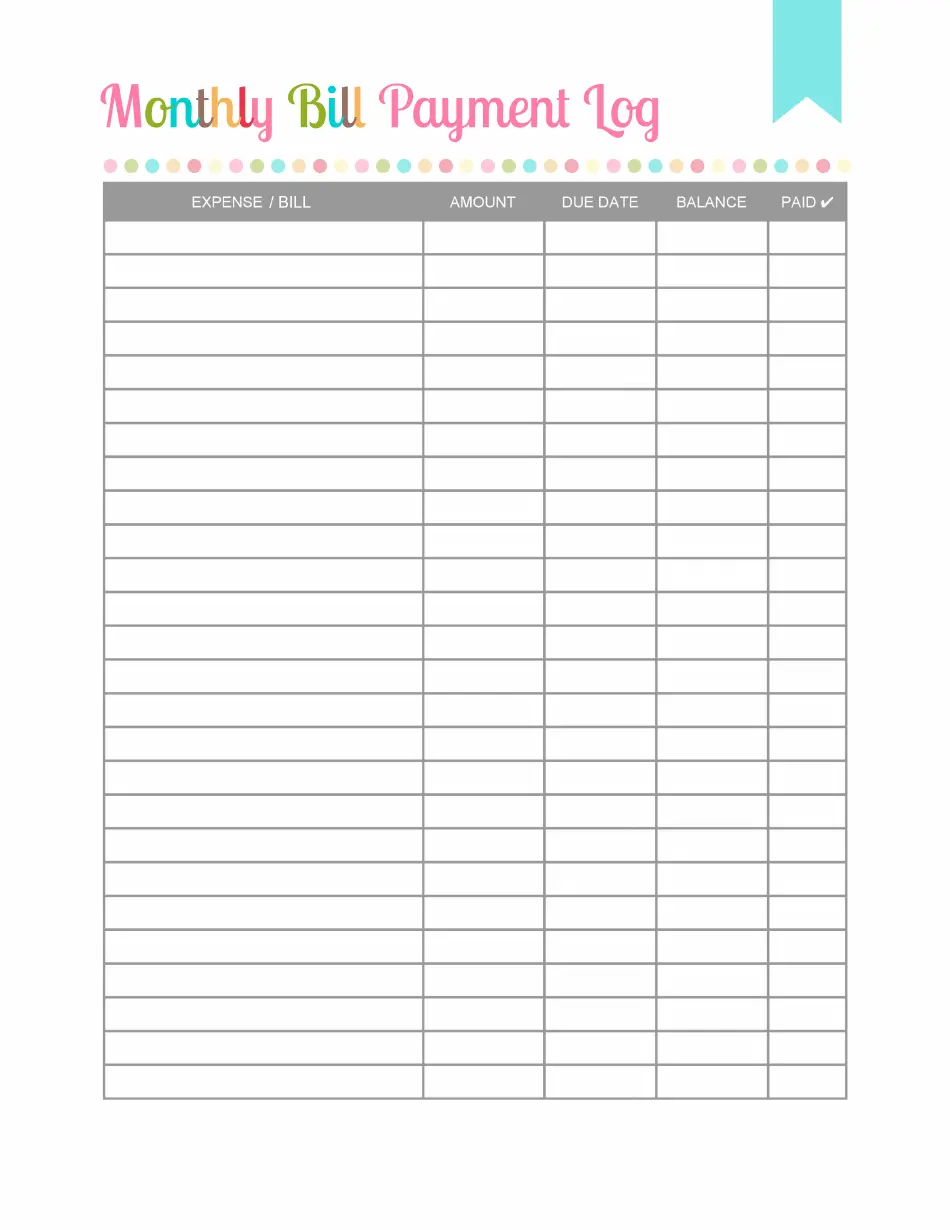 Monthly Bill Payment Log Template Varicolored Download Printable PDF Templateroller