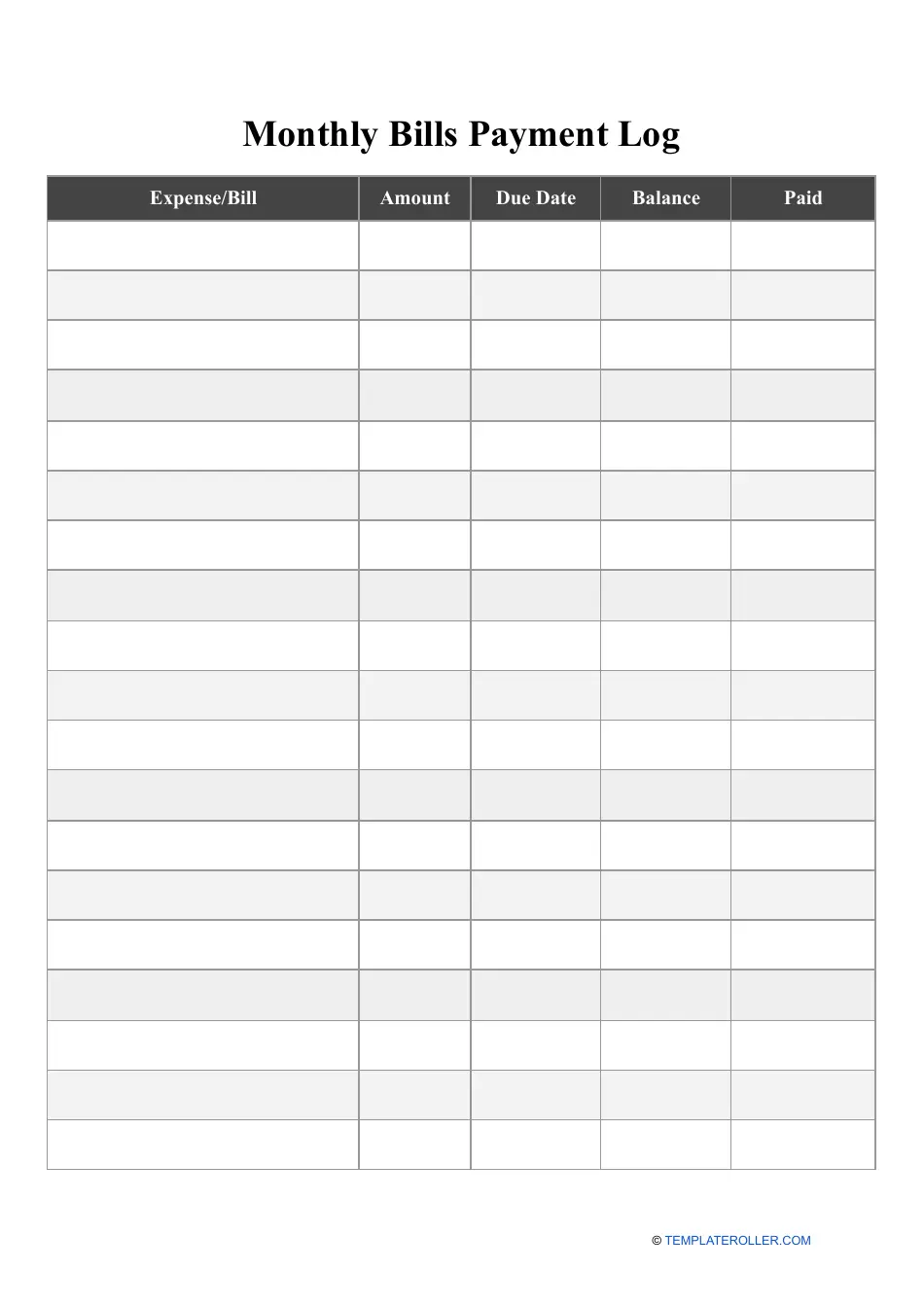 Monthly Bills Payment Log Template Download Printable PDF Templateroller