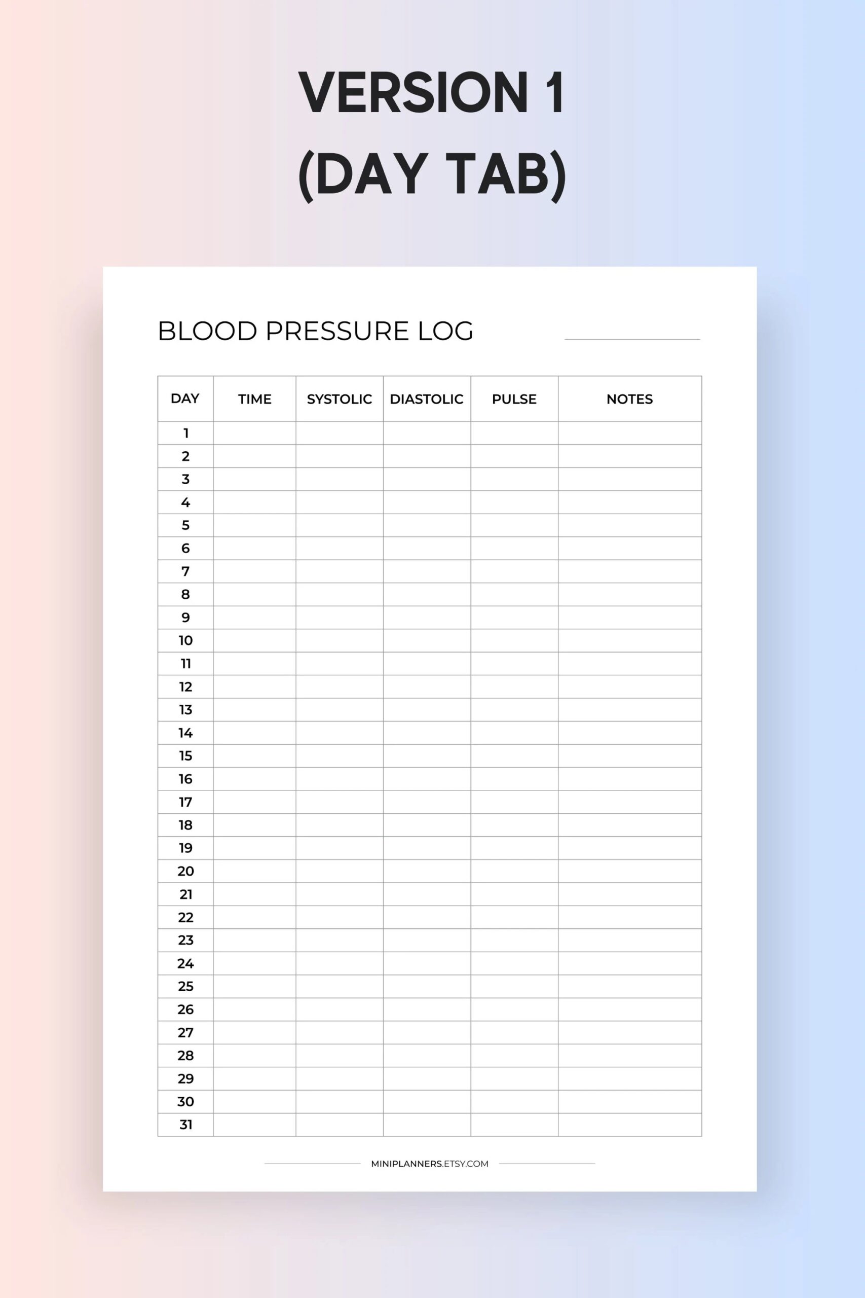 Monthly Blood Pressure Log Printable Blood Pressure Tracker PDF 30 Day Blood Pressure And Medication Planner Printable BP Log Etsy
