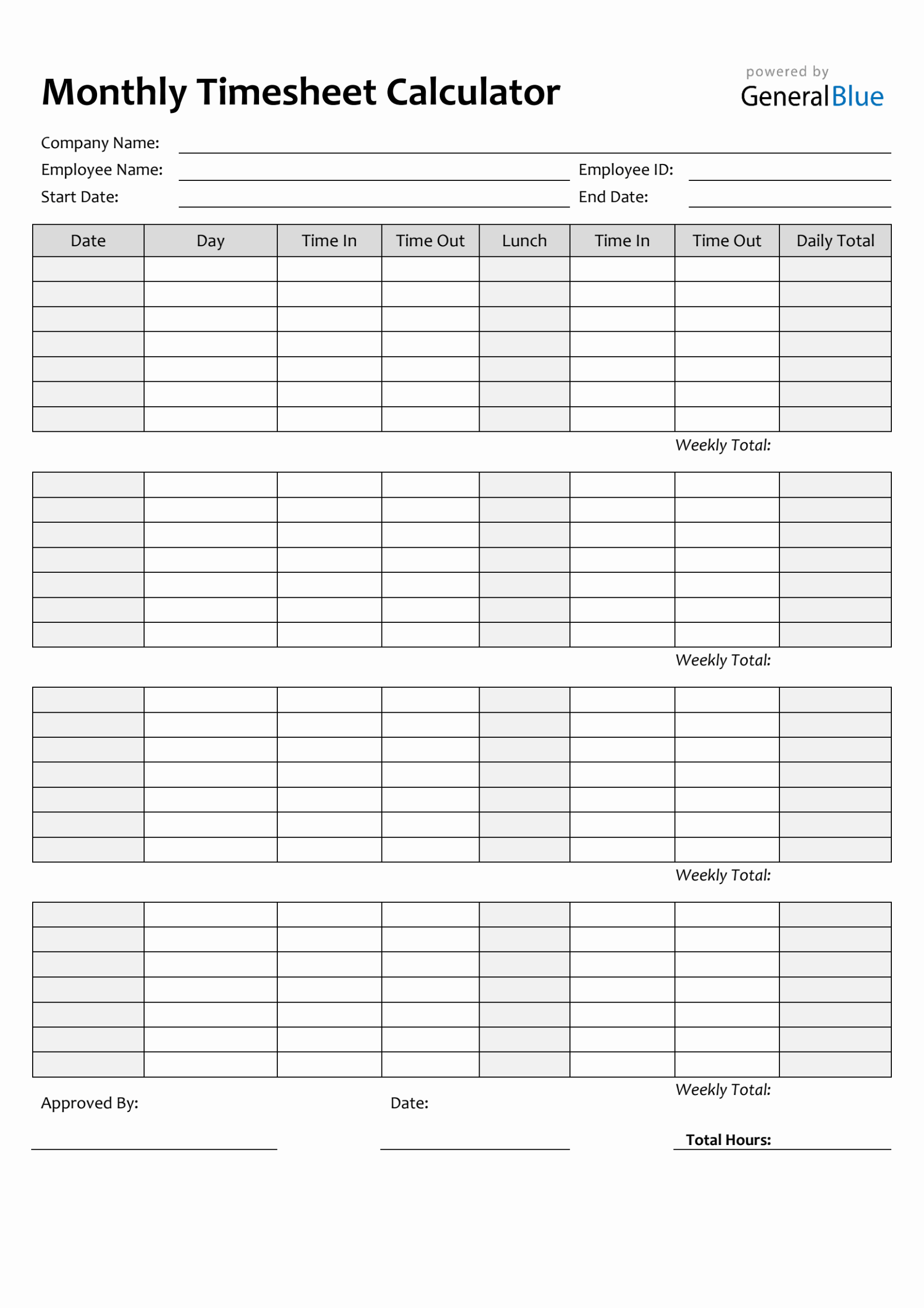 Monthly Timesheet Templates Worksheets Library