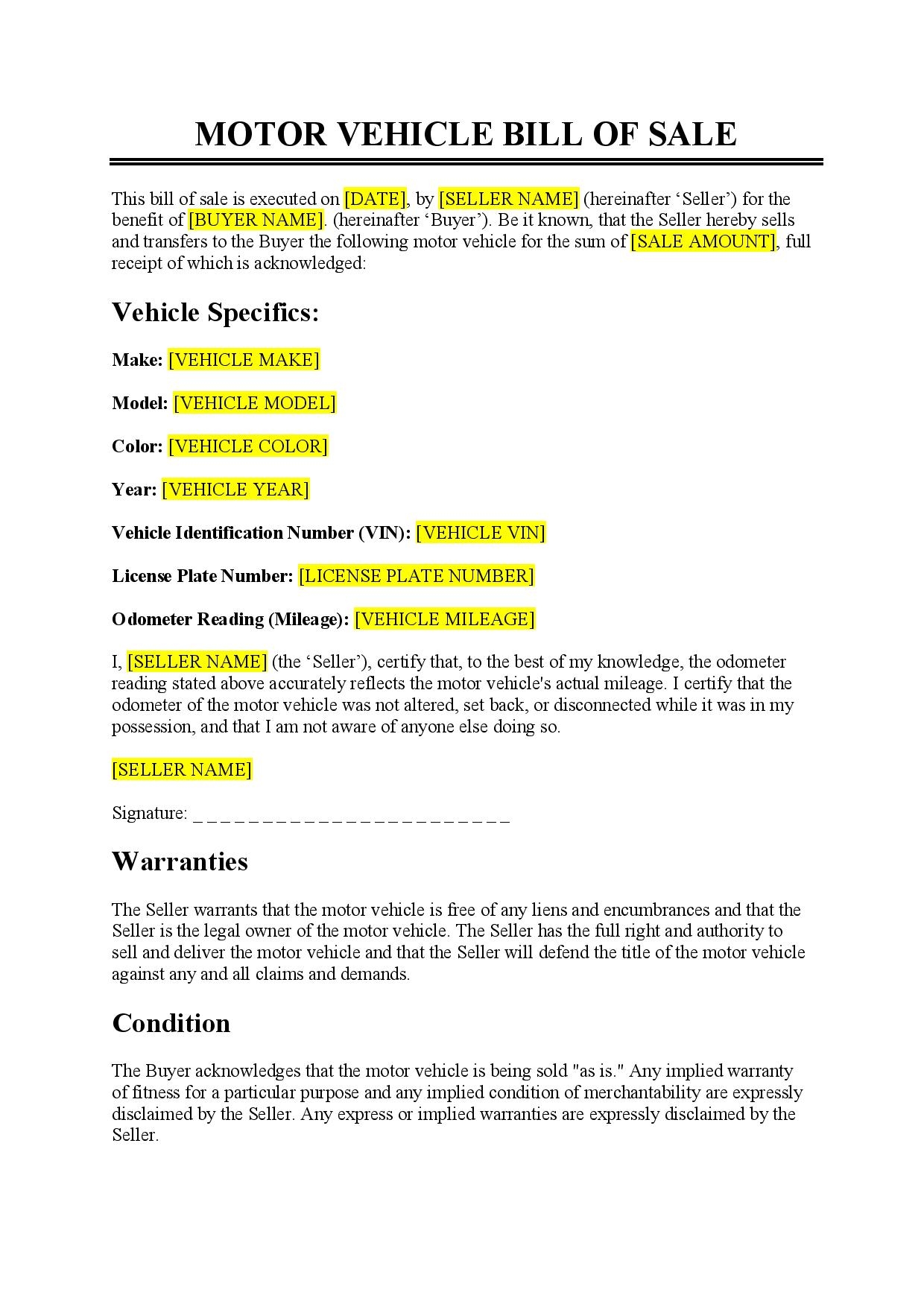 Motor Vehicle Bill Of Sale Template Free Download Easy Legal Docs
